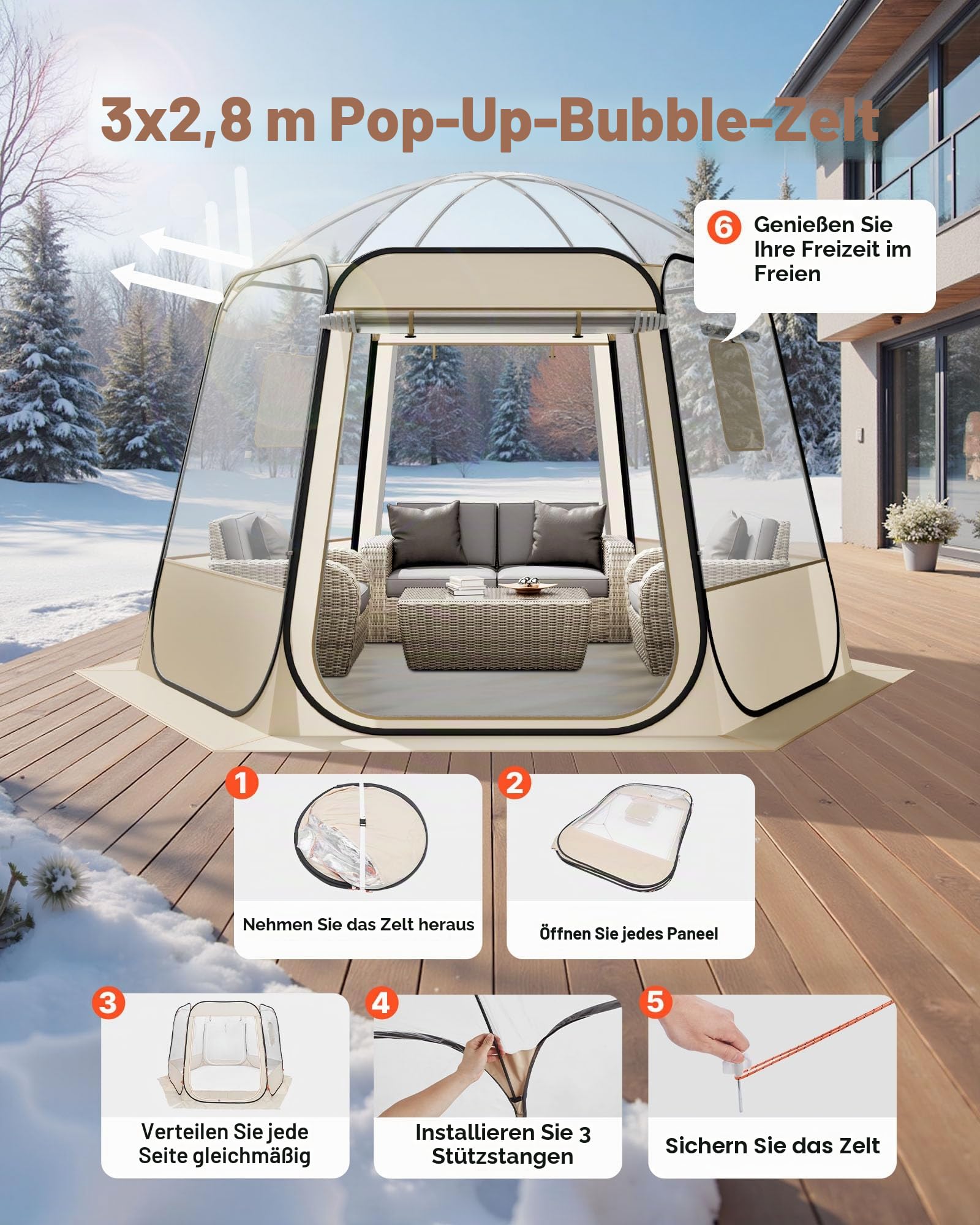 VEVOR Pop-up-Bubble-Zelt, 305 x 275 x 220 cm, transparentes Campingzelt, Garten-Kuppel-Iglu-Zelt mit Fenstern, Sportzelt, 540°-Panoramablick, für 4–8 Personen, Terrasse, Hinterhof