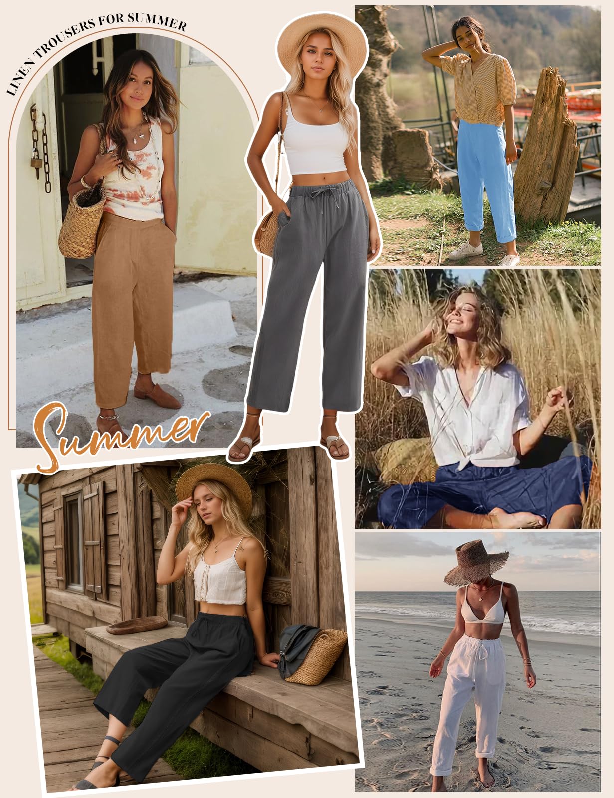 Pantaloni Donna Estivi Cotone 7/8 Pantaloni Larghi Allentati Vita Alta Estate Leggeri Comodi Pantaloni Spiaggia Casual con Coulisse Pantaloni Eleganti Motivo Laterale con Tasche