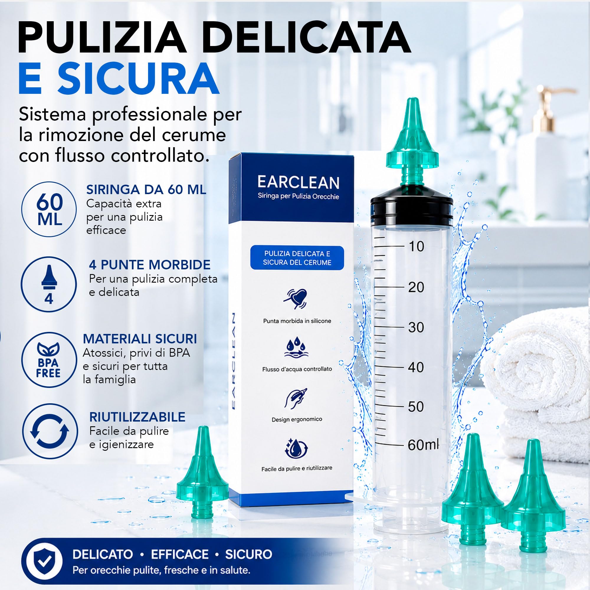 ALL4US® - Kit Pulizia Orecchie con Siringa Auricolare 60 ml, 4 Punte Morbide a Cono, Sistema per Lavaggio Orecchie e Rimozione Cerume, Kit Irrigazione Auricolare per Uso Domestico