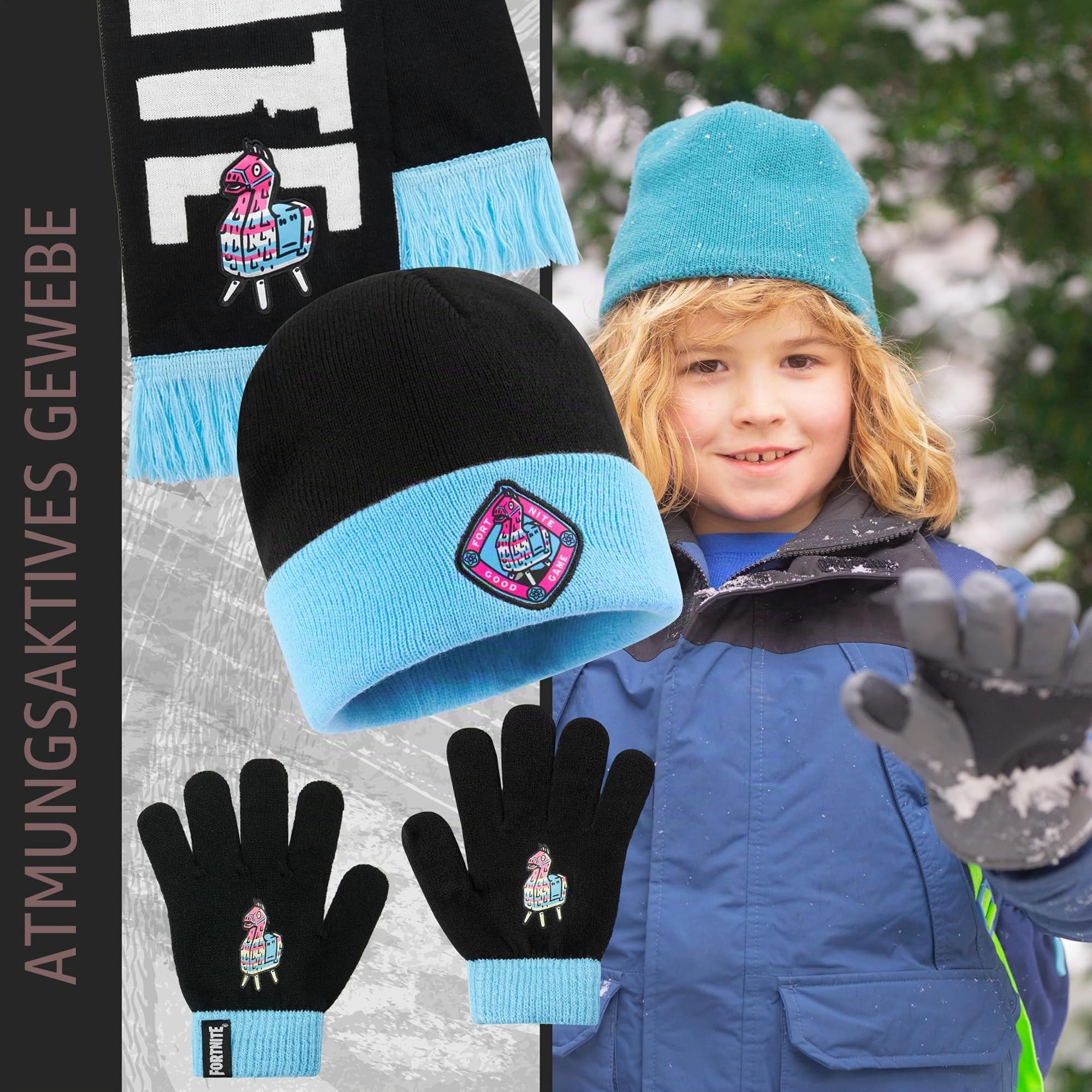 Fortnite Mütze Kinder Handschuhe Schal Set, 3-in-1 Beanie Jungen, Weich & Warm, Lizenziert, Gamer Geschenke für Jungs