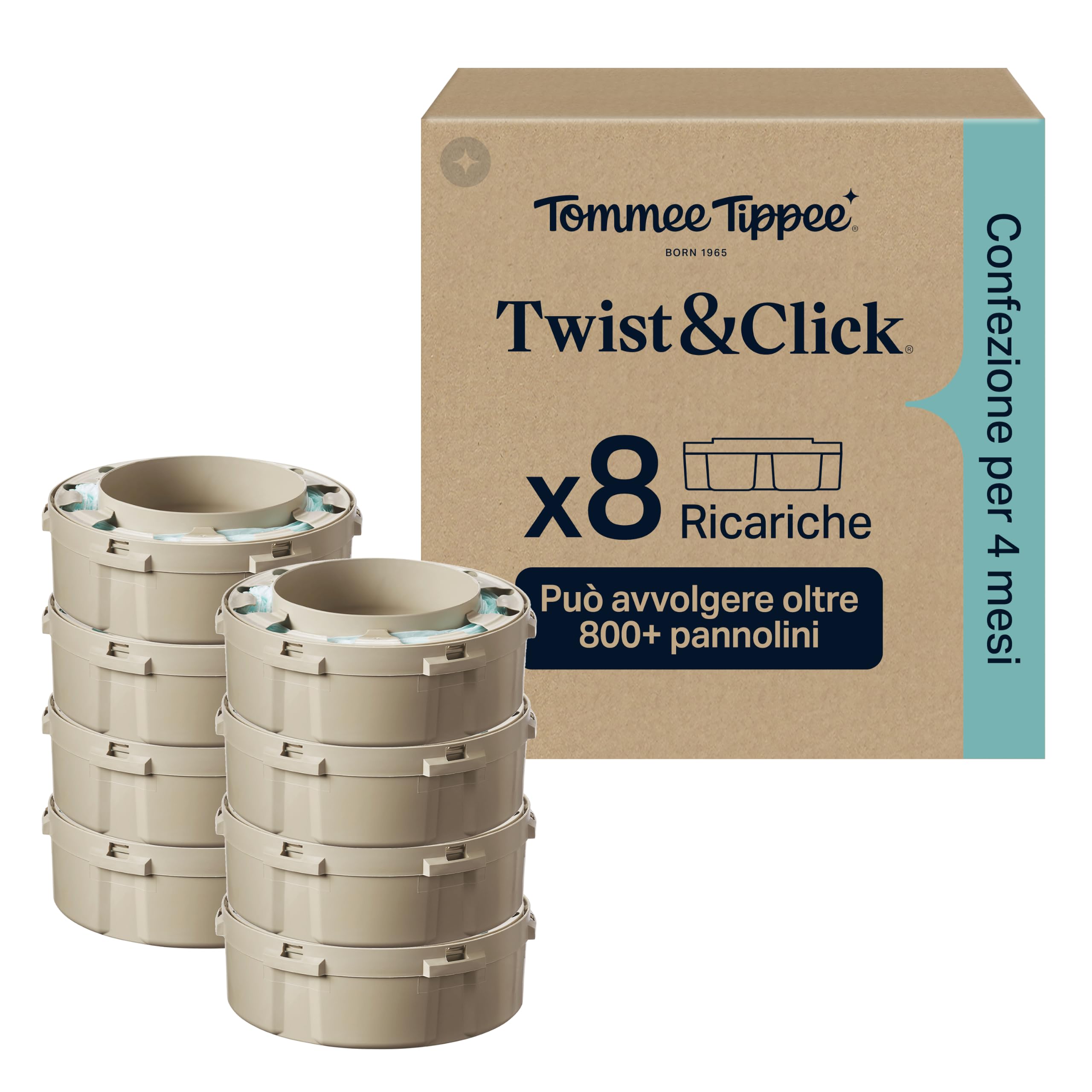 Tommee Tippee Ricariche originali per mangiapannolini Twist & Click | confezione esclusiva da 8 ricariche di 10, 5 metri l’una, praticità e risparmio, 8 X 10, 5 m (la confezione può variare)