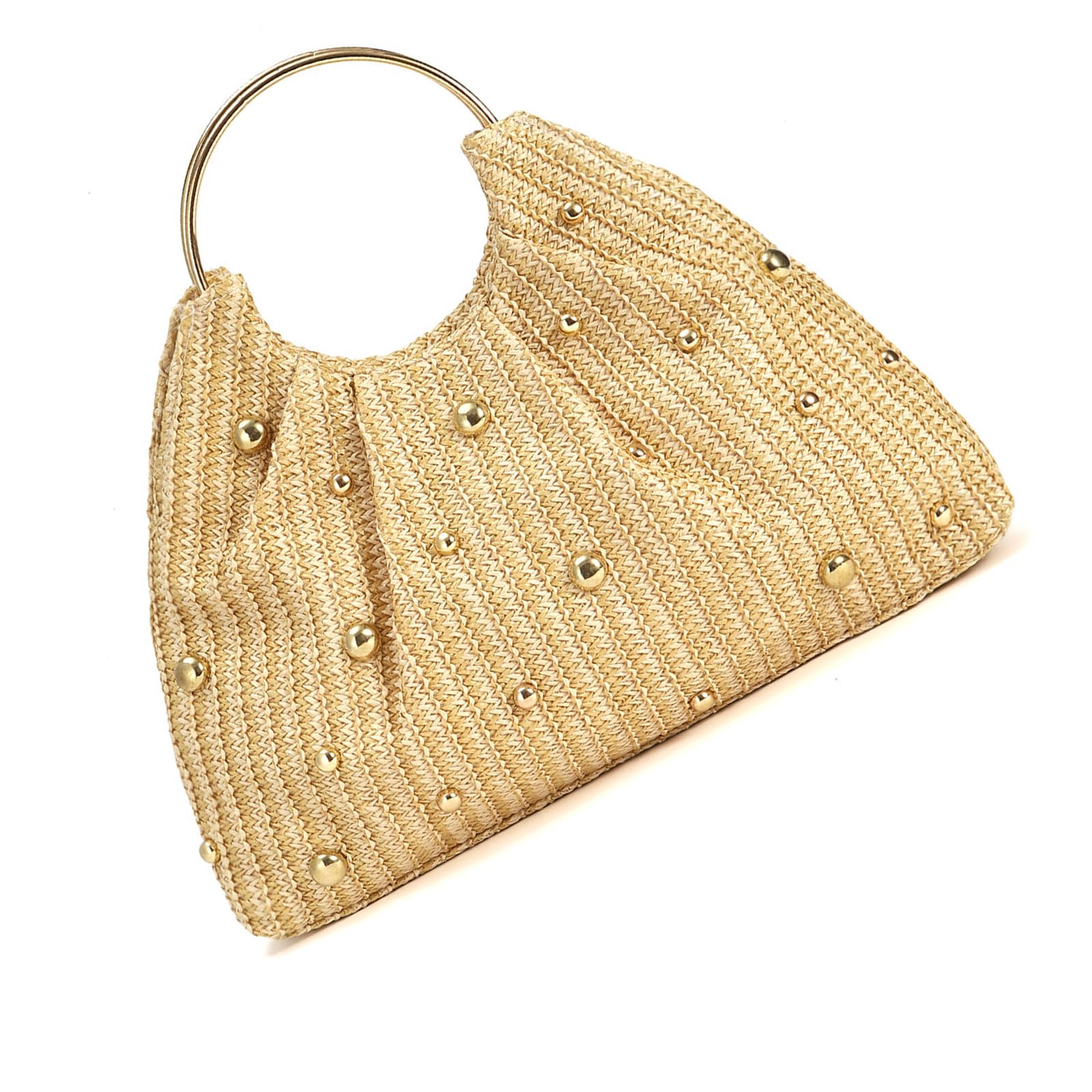 Auffällige Strohtasche mit Perlendetails und rundem Griff. Geräumige Innenhandtasche. Bequemer, täglicher Gebrauch. Leichter Damen-Strand mit Perlenverzierungen