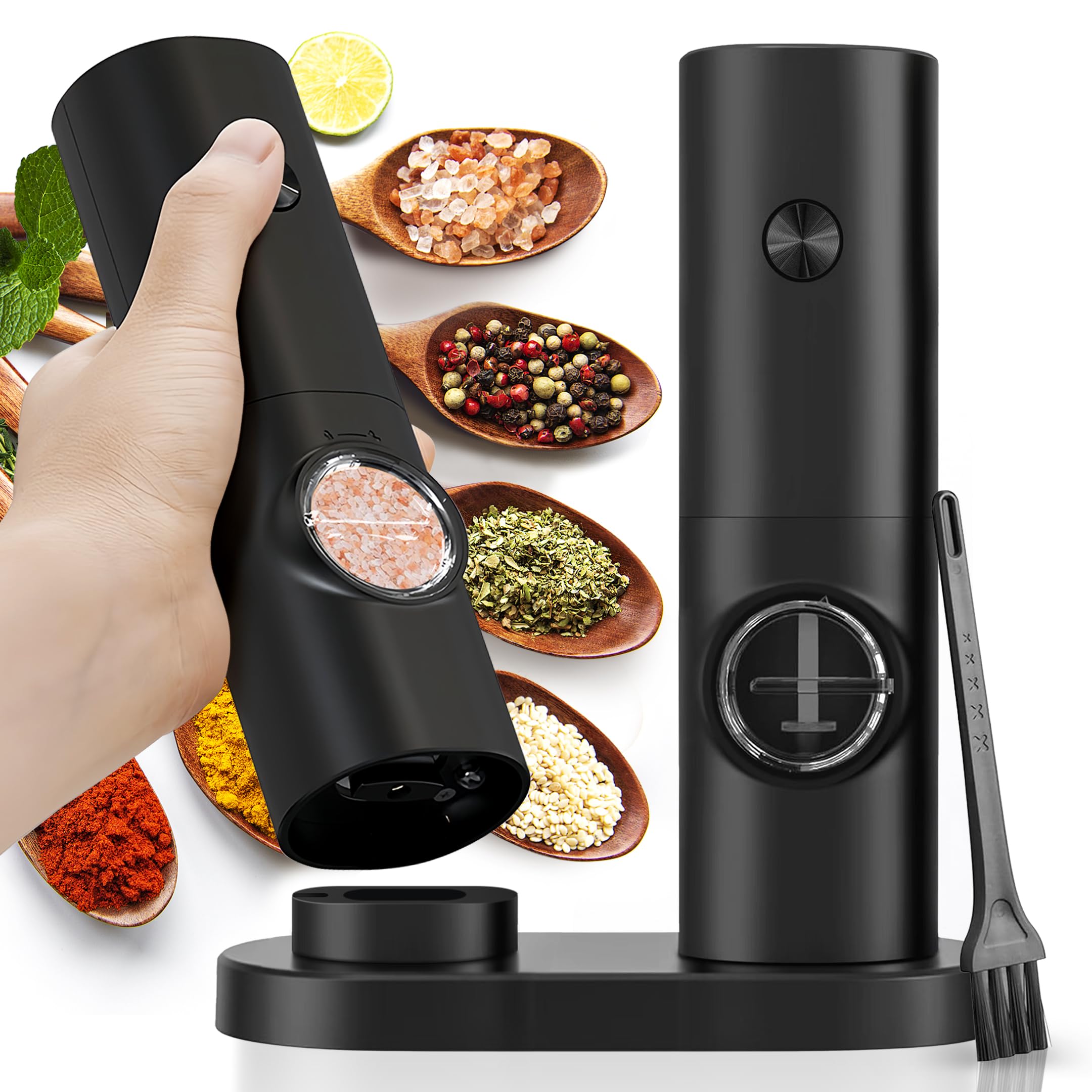 2Pcs Electric Salt and Pepper Grinder Set with Base, Battery Powered with Adjustable 5 Levels of Coarseness Salt and Pepper Grinder Mill(Black)
