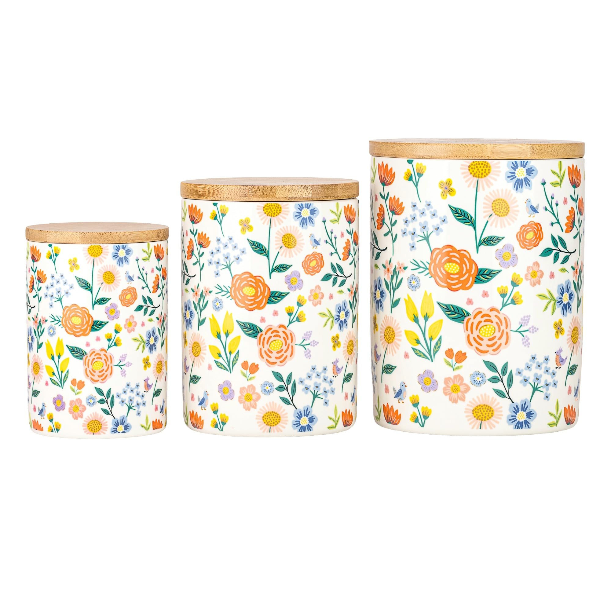 Folk Floral Spring Ceramic Kitchen Canister Set by 10 Strawberry Street – 3 Piece Set, 72.0 fluid_ounces, Stoneware, Folk Floral, Pack of 3
