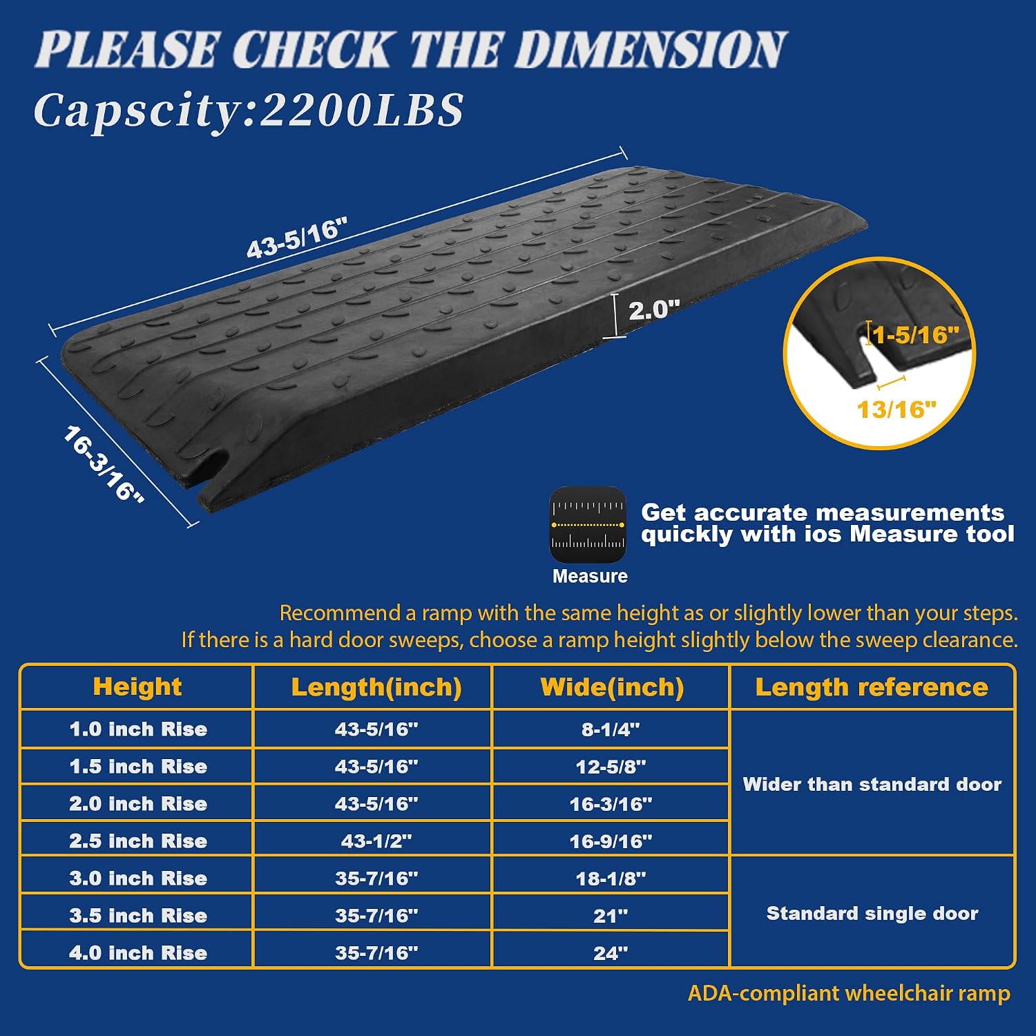 Rubber Wheelchair Ramp 2 Inch Rise - Non-Slip Rubber Threshold Wheelchair Ramp for Home Steps Doorways Driveway Outdoor Entrance Heavy Duty 2200 lb (1 Pack)