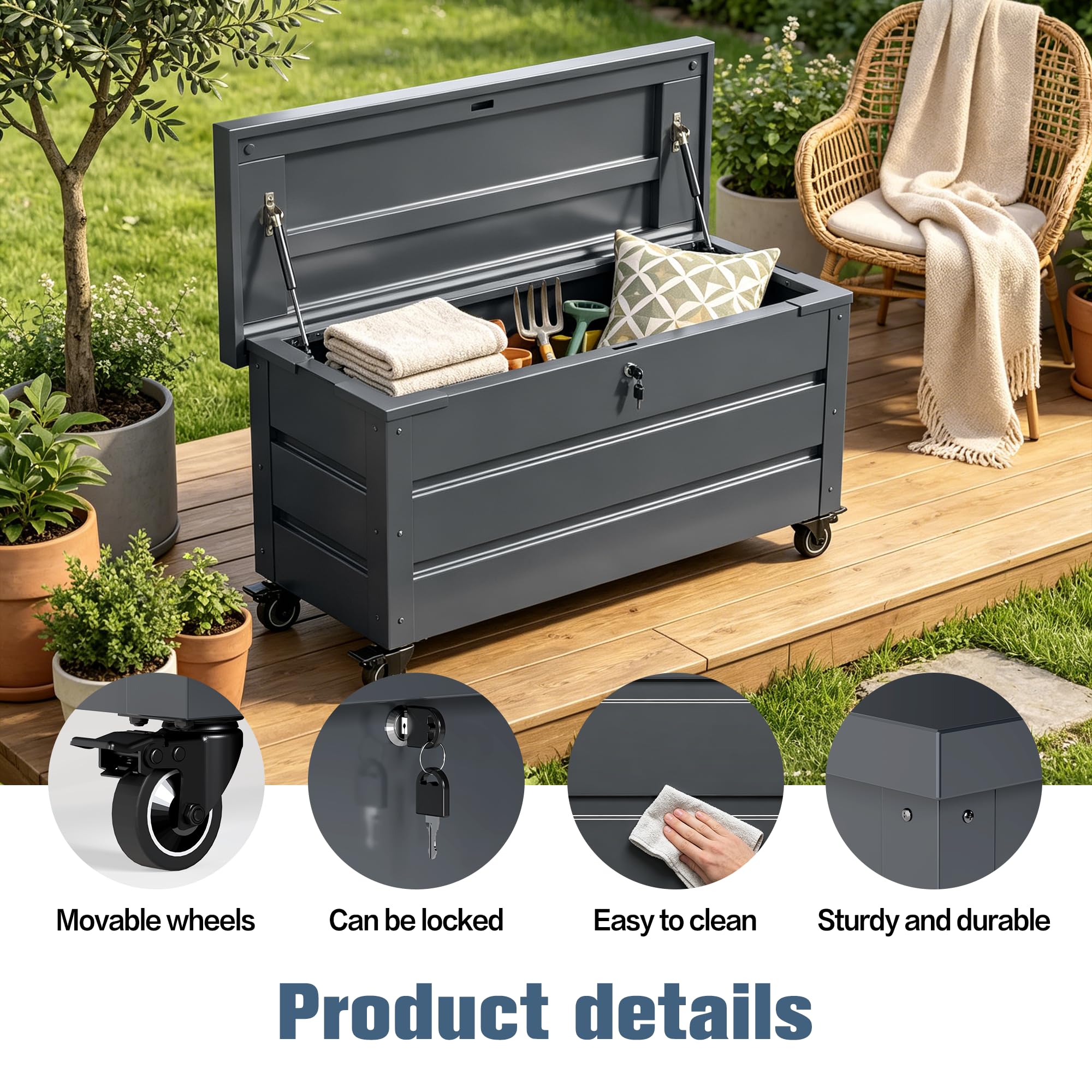 Gartenbox aus Metall mit Rädern und Schlössern 656L | Outdoor Kissenbox für den Garten mit Rostfeste Beschichtung | Outdoor Aufbewahrungsbox/Auflagenbox wasserdicht für Kissen - 158x63x66cm