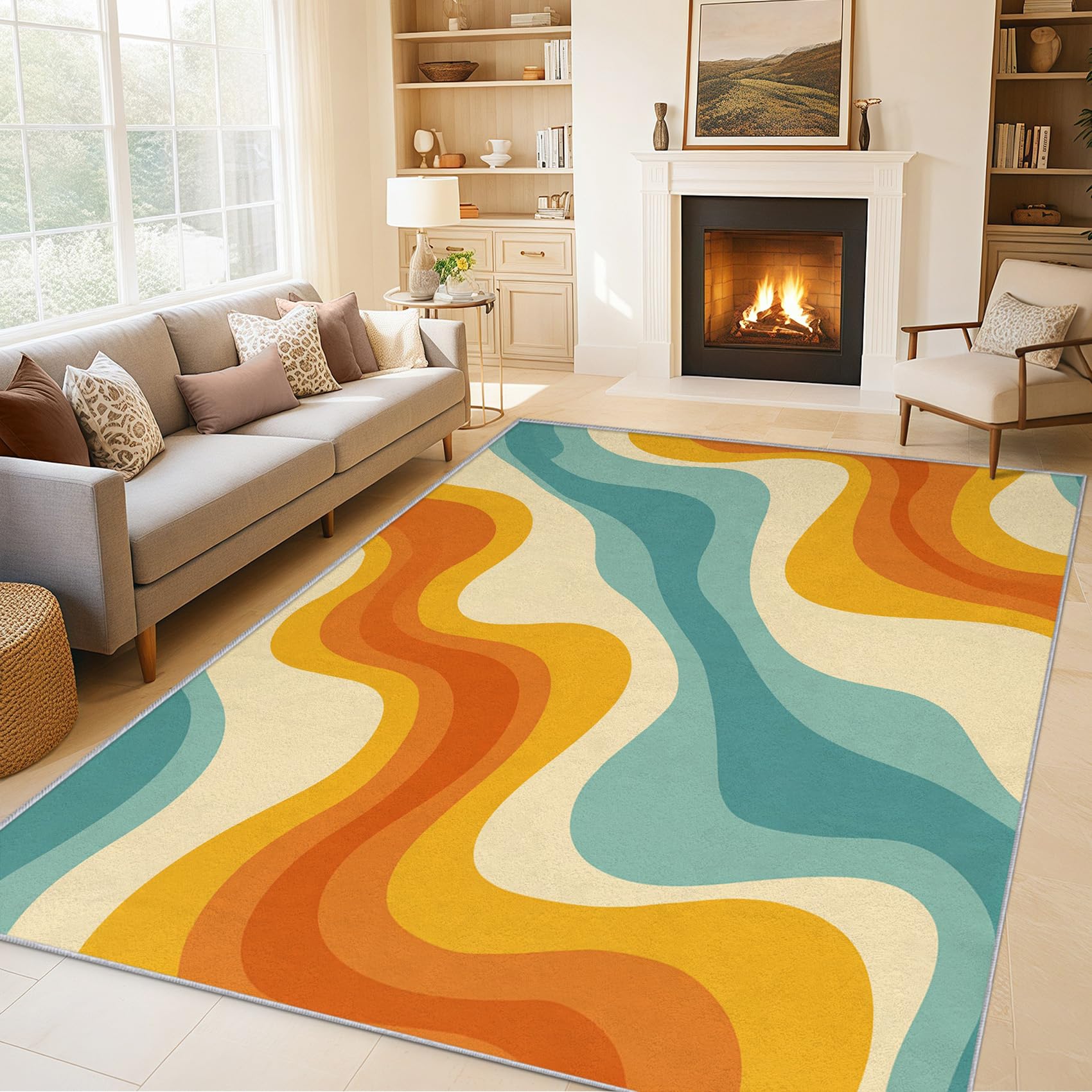 Générique Tapis Salon Rétro Vague, Style Années 60-70 Tapis Poil Ras Doux Antidérapant 140x200cm pour Chambre Salle à Manger Bureau, Décoration d'intérieur