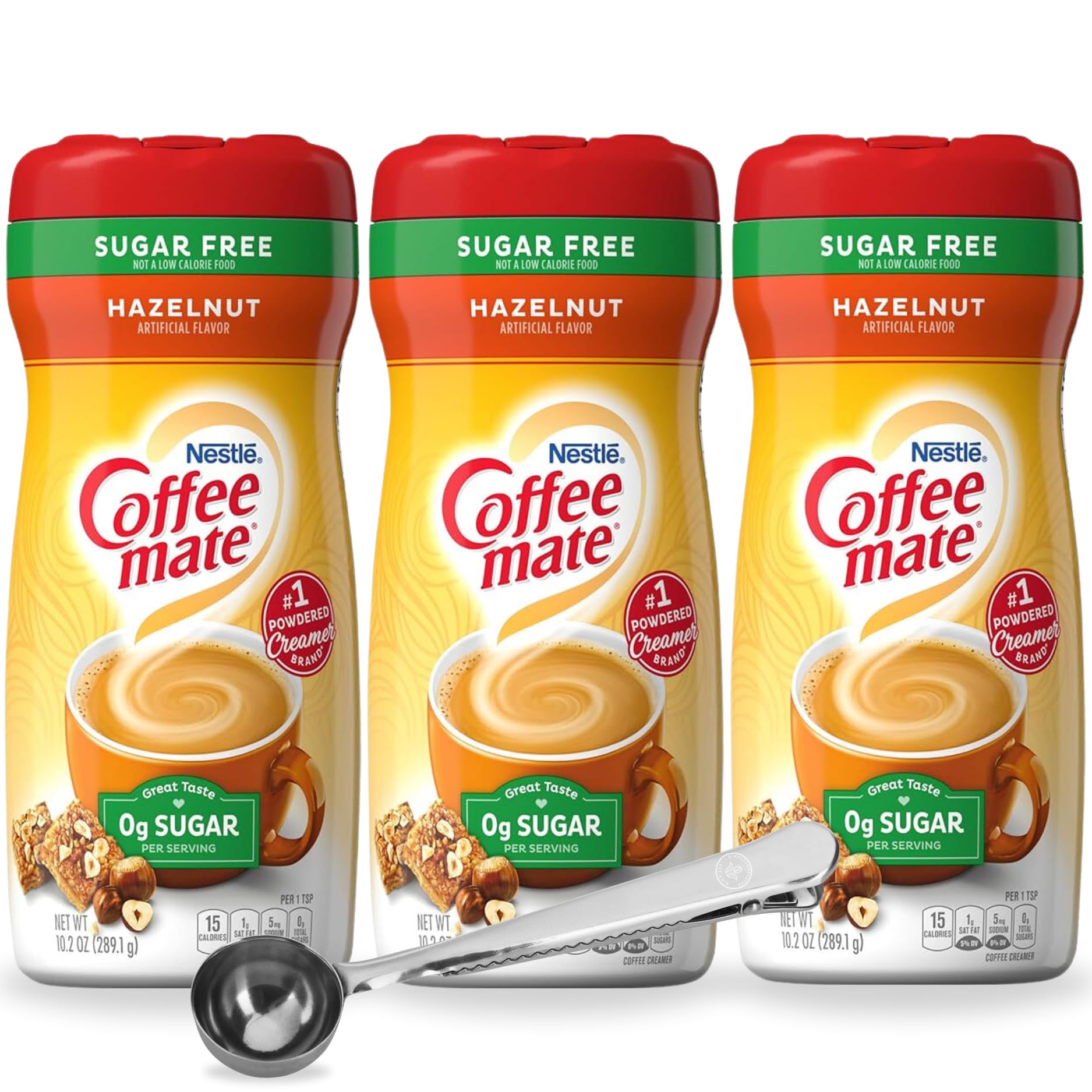 Sugar-Free Hazelnut Coffee Creamer Powder, 10.2 oz Canister (3-Pack) – Non-Dairy, Gluten-Free – Includes Direct Coffee Tea Est 2019 Spoon with Clip