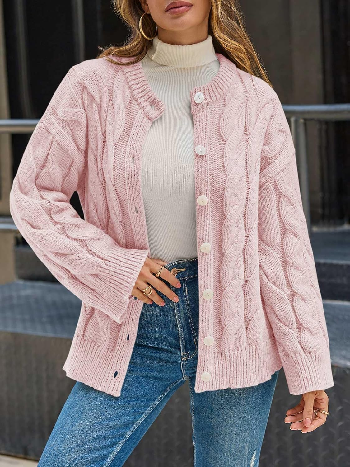 Saodimallsu Womens Cable Knit Cardigan Sweaters Long Sleeve Button Down Crewneck Casual Loose Fall Sweater Coats - Image 2