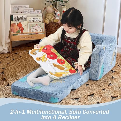 Miniatura 94 de MeMoreCool Sofá de dinosaurio para niños, silla plegable para niños pequeños, sofá cama convertible que brilla en la oscuridad, salón plegable para