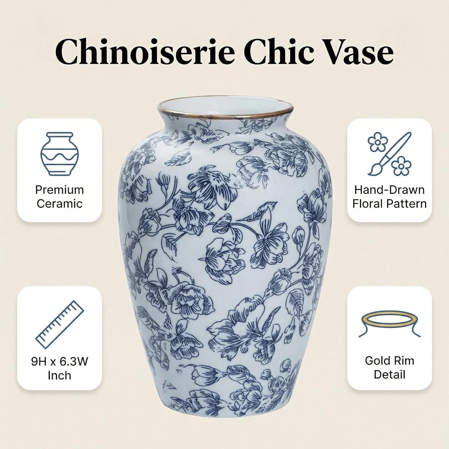 Blue and White Chinoiserie vase - Vintage Ceramic vase with Antique Design, Perfect for Chinoiserie Home Decor 9in Flower vase04
