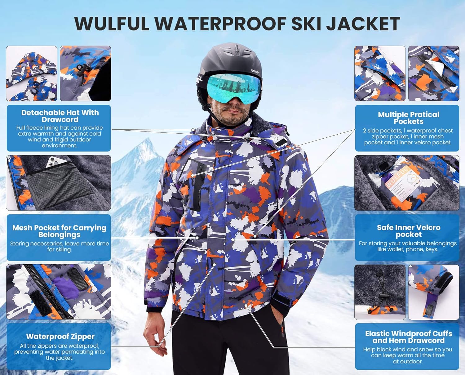 WULFUL Men's Waterproof Ski Jacket Warm Winter Coats Windproof Winter Jackets for Men Fleece Lined Windbreaker with Hood - Image 6