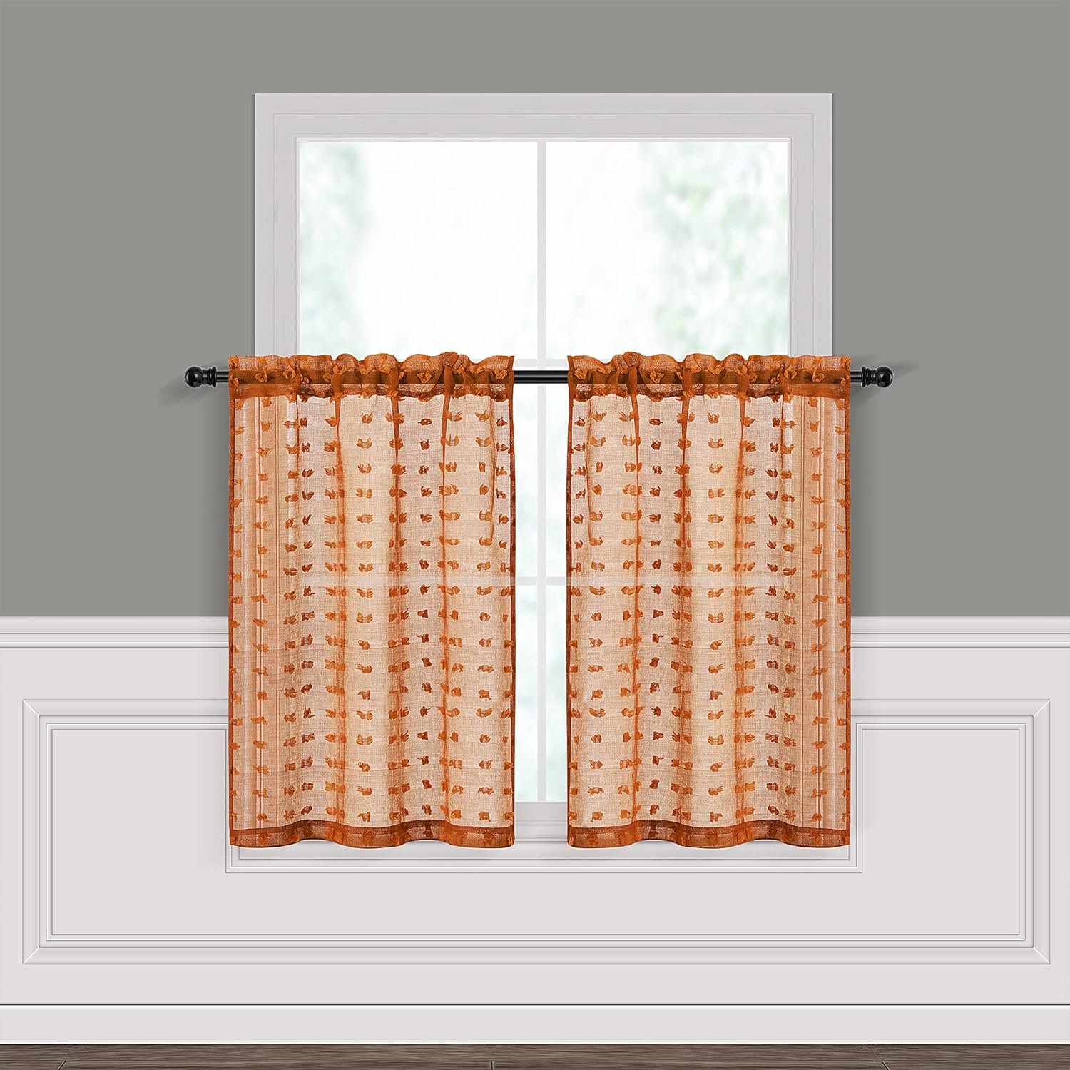 Terracotta Orange Rust Tier Curtains for Kitchen 36 Inch Length Short Semi Sheer