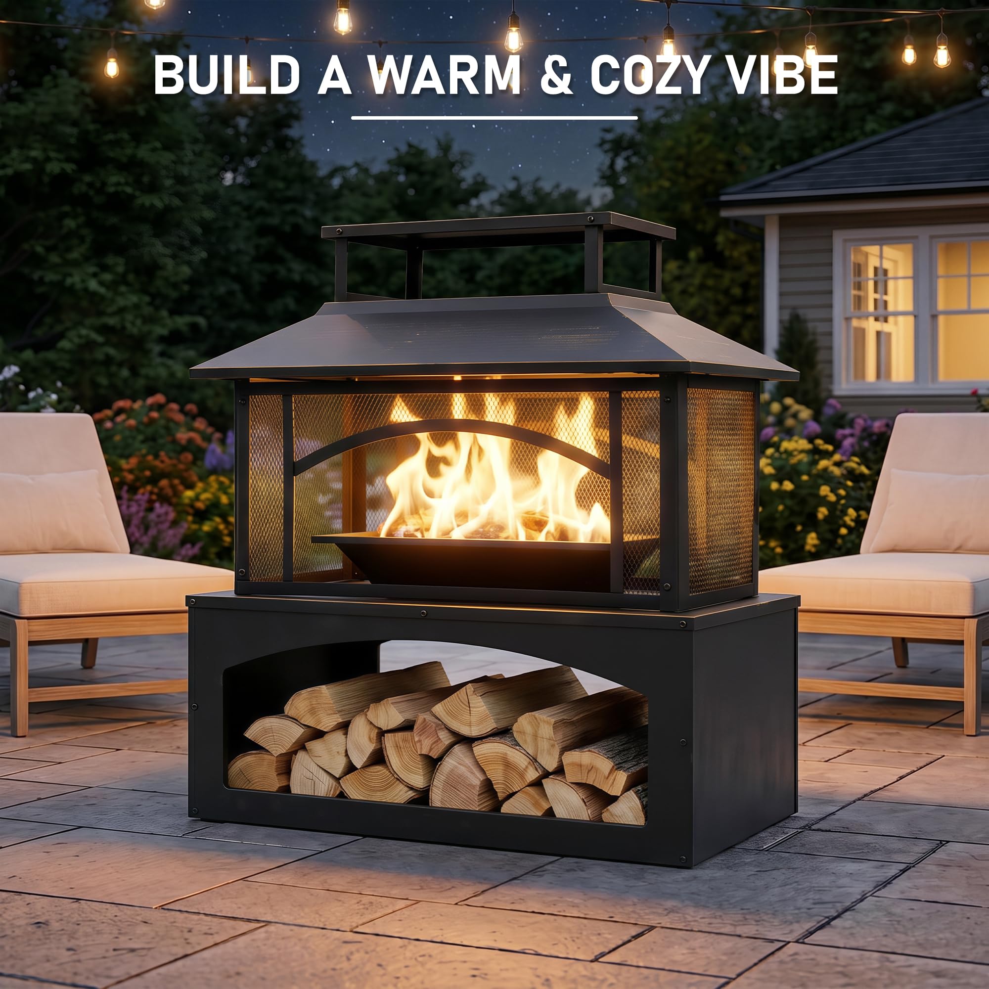 Aoxun 61cm Feuerschale für den Außenbereich mit Holzfach, Stahlkamin mit Funkenschutzgitter und Schürhaken, Terrassenheizung mit herausnehmbarer Ascheschale für Garten und Terrasse