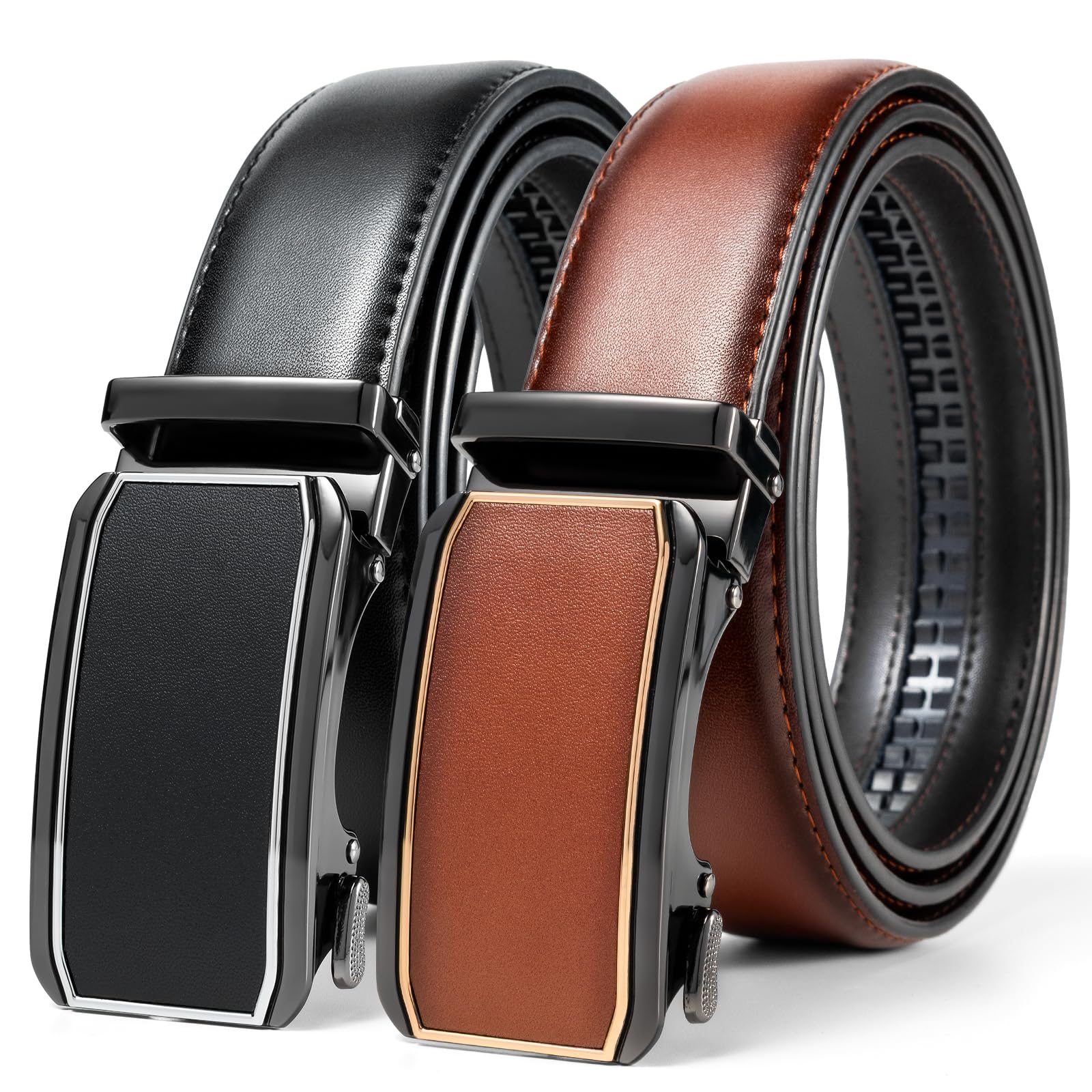maikun 2 Pack Ratchet Belt for Men Click Leather Belt for Men Adjustable Buckle Trim to Fit
