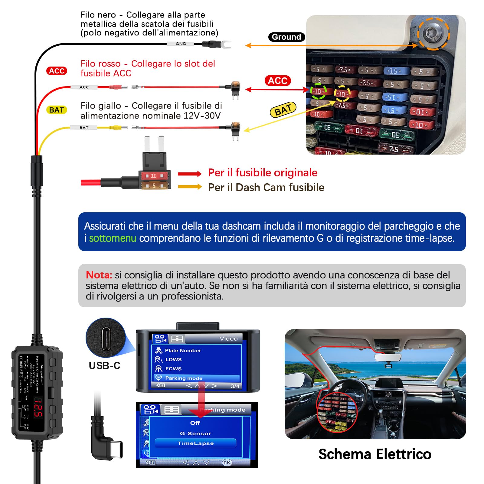 Kit Cablaggio USB-C con Schermo LED, 12V-32V a 5V 3A Auto Cavo di Ricarica Kit 4m 3-Core con Protezione Regolabile a Bassa Tensione, Dash Cam Hardwire Kit Monitoraggio Parcheggio 24 Ore