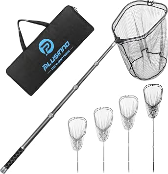 PLUSINNO Large Fishing Net, 3.4-7.7 FT Carbon Fiber Fish Net with Long Telescoping Handle, Kayak Fishing Gear Accessories Foldable Landing Net for Bass, Trout, Catfish, Fishing Gifts for Men Father