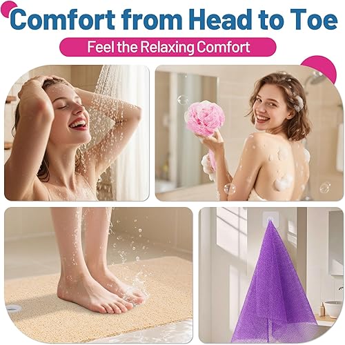 Miniatura 3 de Value - Juego de 5 piezas, 1 alfombrilla de ducha antideslizante, 3 esponjas exfoliantes de red africana, 1 gancho de secado para baño, bañera y show