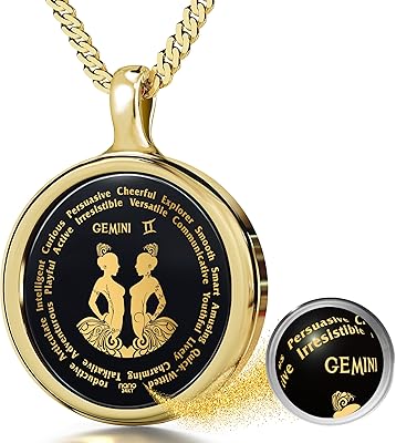 Gemini Necklace Zodiac Pendant for Birthdays 21st May to 21st June with Star Sign and Personality Characteristics Inscribed in 24k Gold on Round Black Onyx Gemstone, 18" Rolo Chain