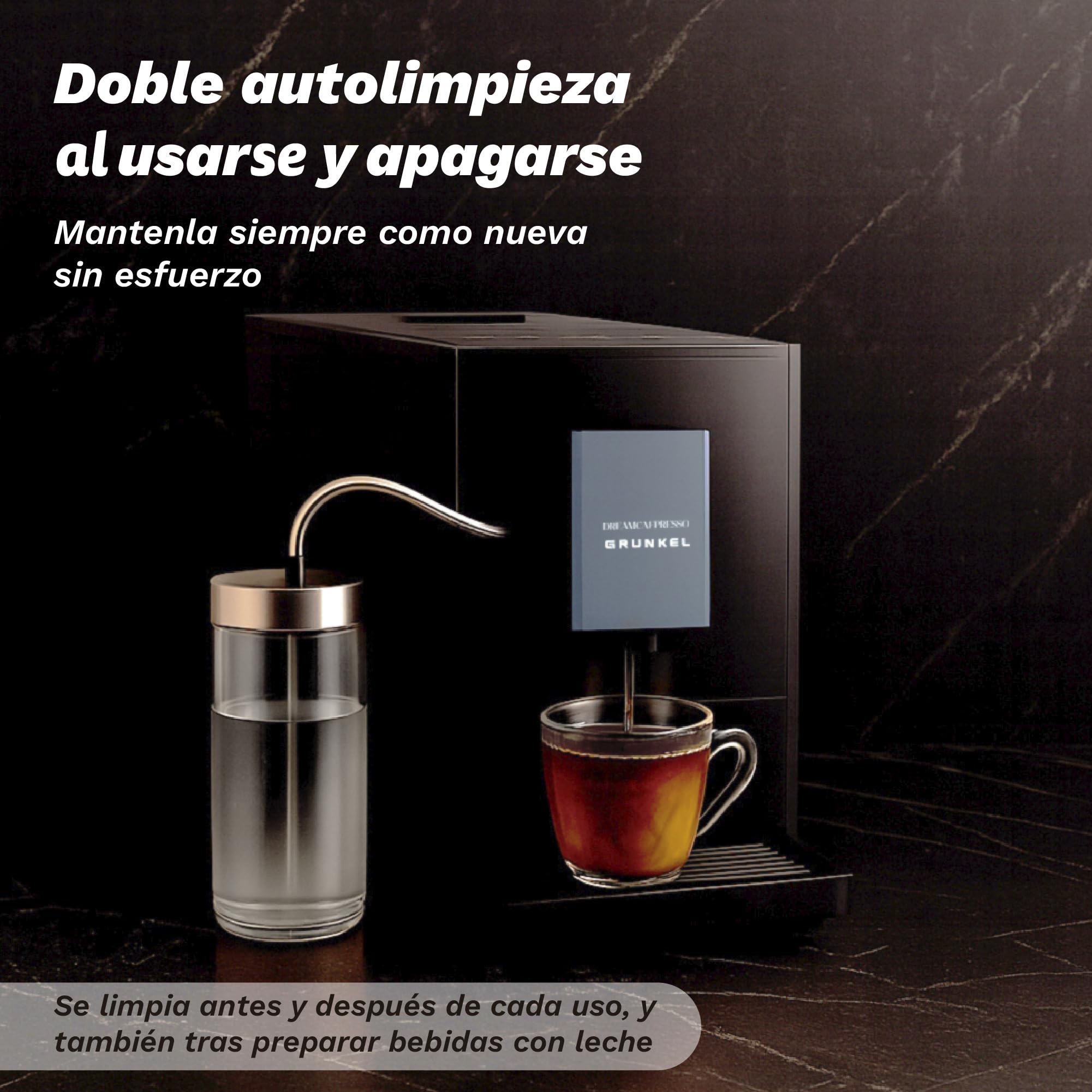 Grunkel DREAMCAFPRESSO Super automatyczny ekspres do kawy, 1,2 l, 5 napojów, ekran dotykowy, automatyczny spieniacz i podgrzewacz do mleka, zdejmowany młynek, 20 bar
