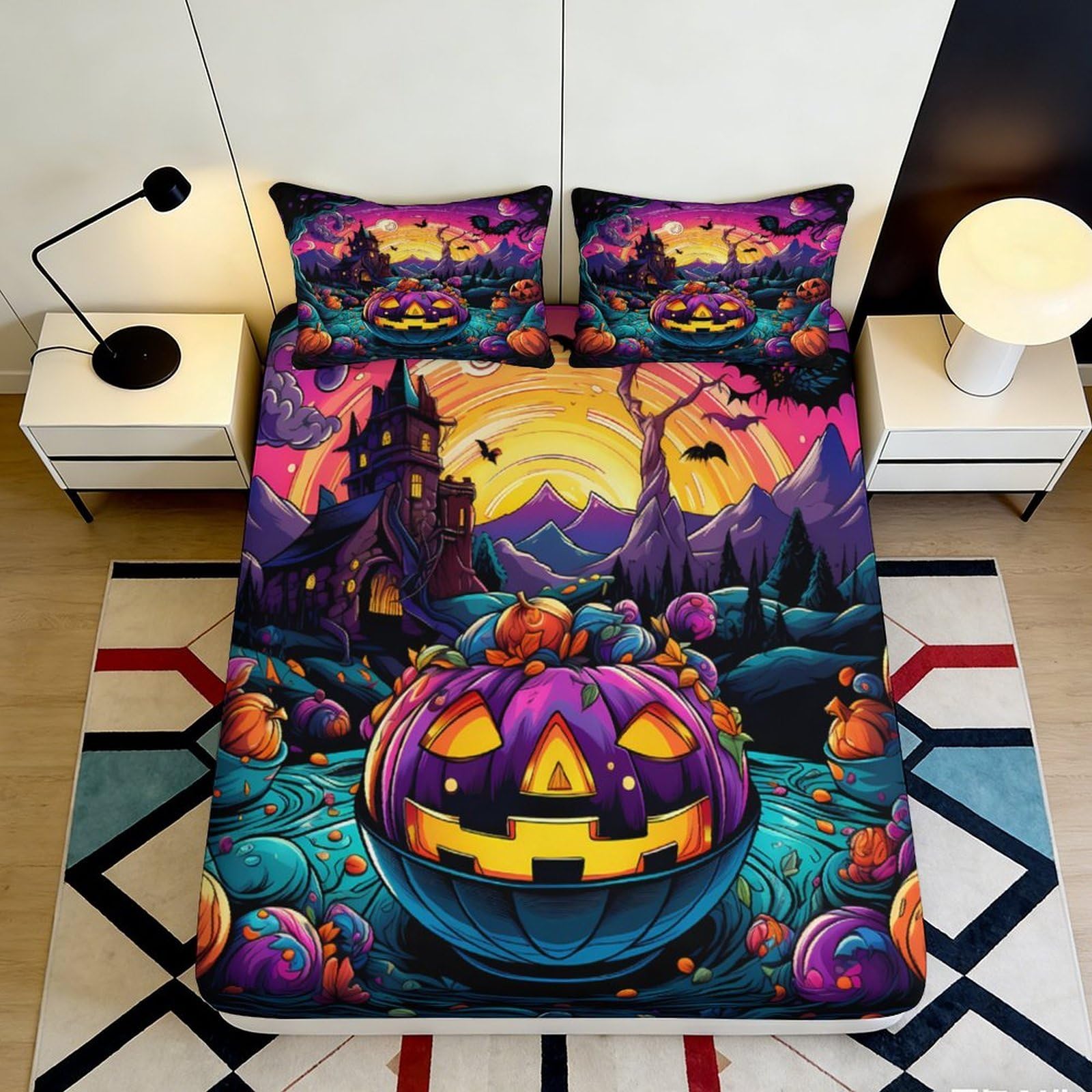 3D Printed Halloween Pumpkin Fitted Sheet Microfiber Haunted Castle Bed Cover for Bedroom Dorm Mattress Protection Decor 90x200x25cm