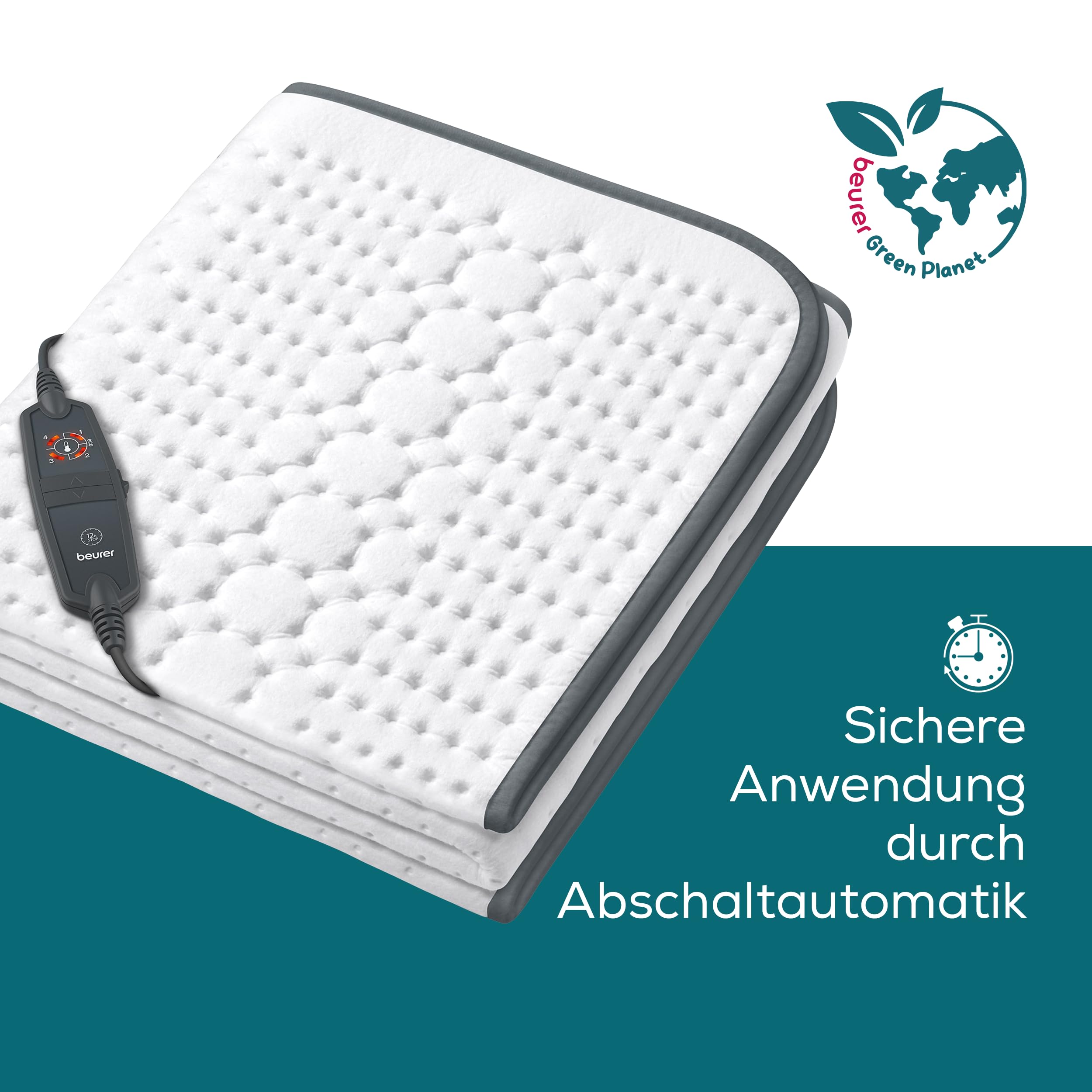 Beurer UB 60 Wärmeunterbett, Made in Europe, Ober- und Unterseite hergestellt aus 80 % recyceltem Material, kuschelig weich, 150 x 80 cm, Abschaltautomatik, 4 Temperaturstufen, waschbar