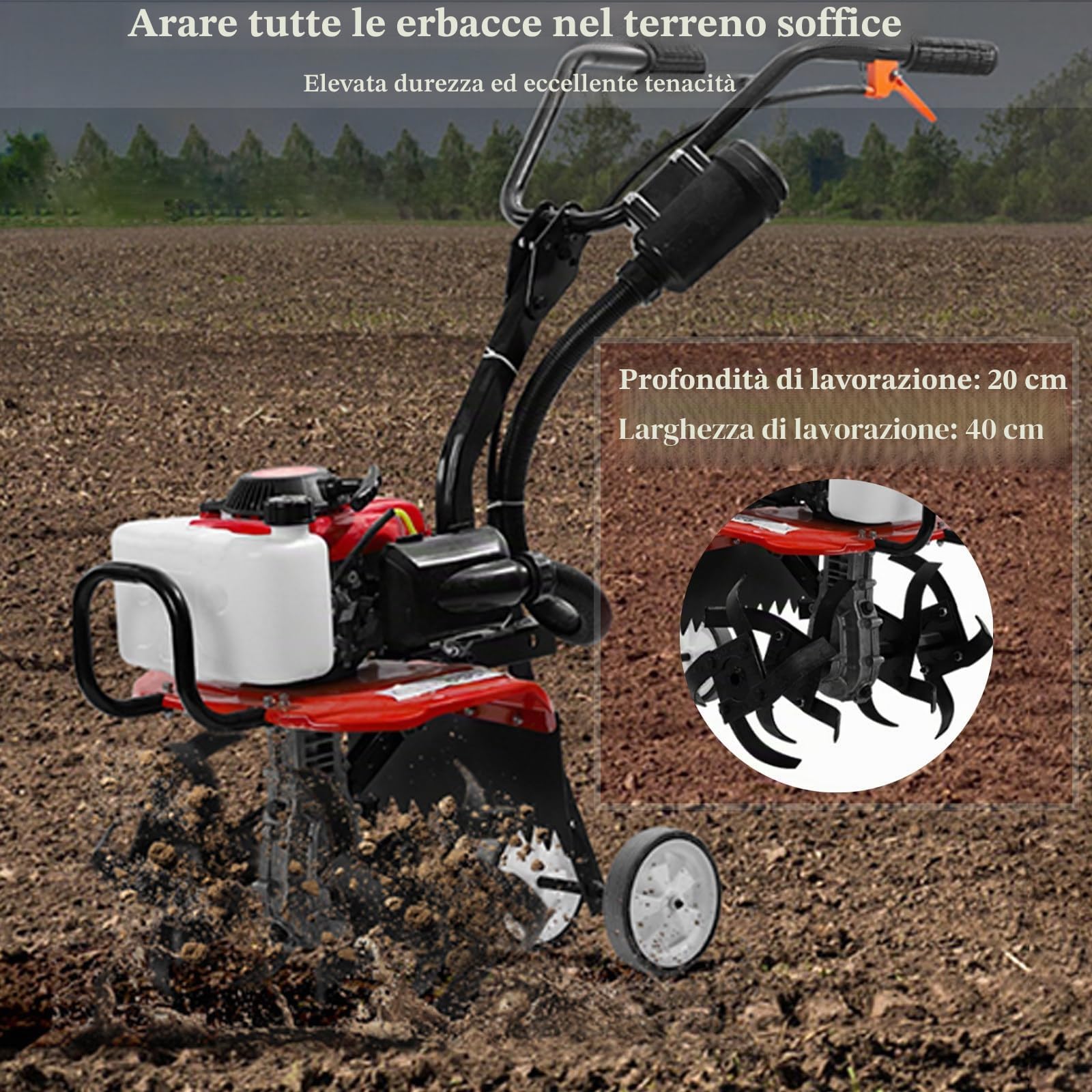 Motozappa a benzina a 4 tempi, leggero, compatto, rotovator da giardino con motore potente e maniglie a presa sicura per una coltivazione e un'aratura del suolo affidabili