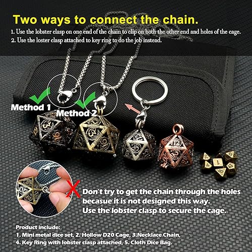 Miniatura 8 de Haxtec Juego de dados pequeños de metal DND con cobre hueco D20, collar D20, juego de dados pequeños antiguos, llavero D&D, portátil, 7 piezas