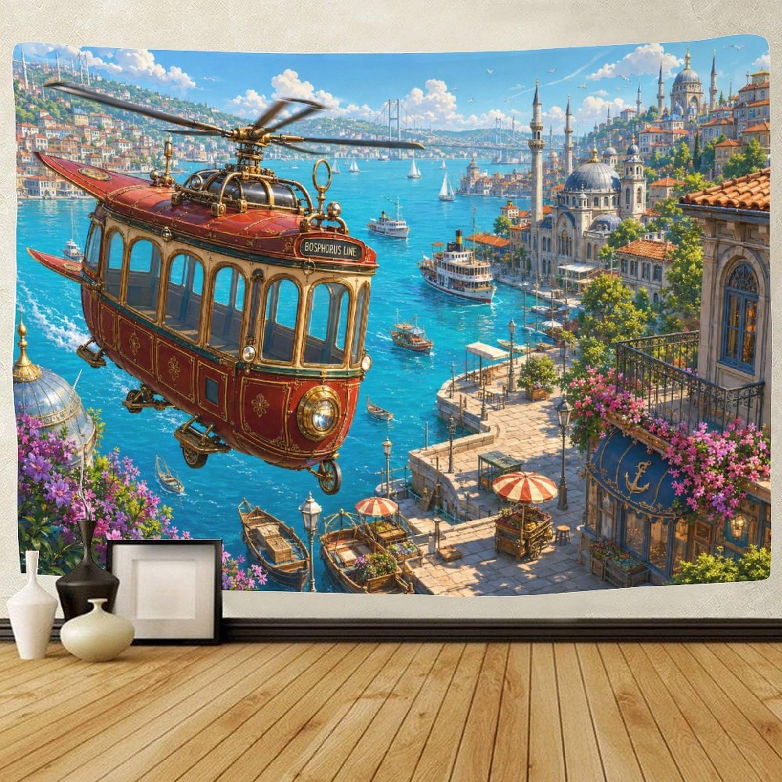 GPMNBCXZK Helicopters over The Bosphorus 3D Print Tapestry for Bedroom Wall Hanging Decor Tapestries Home Decoration Curtain Living Room College Dorm 180cmx230cm