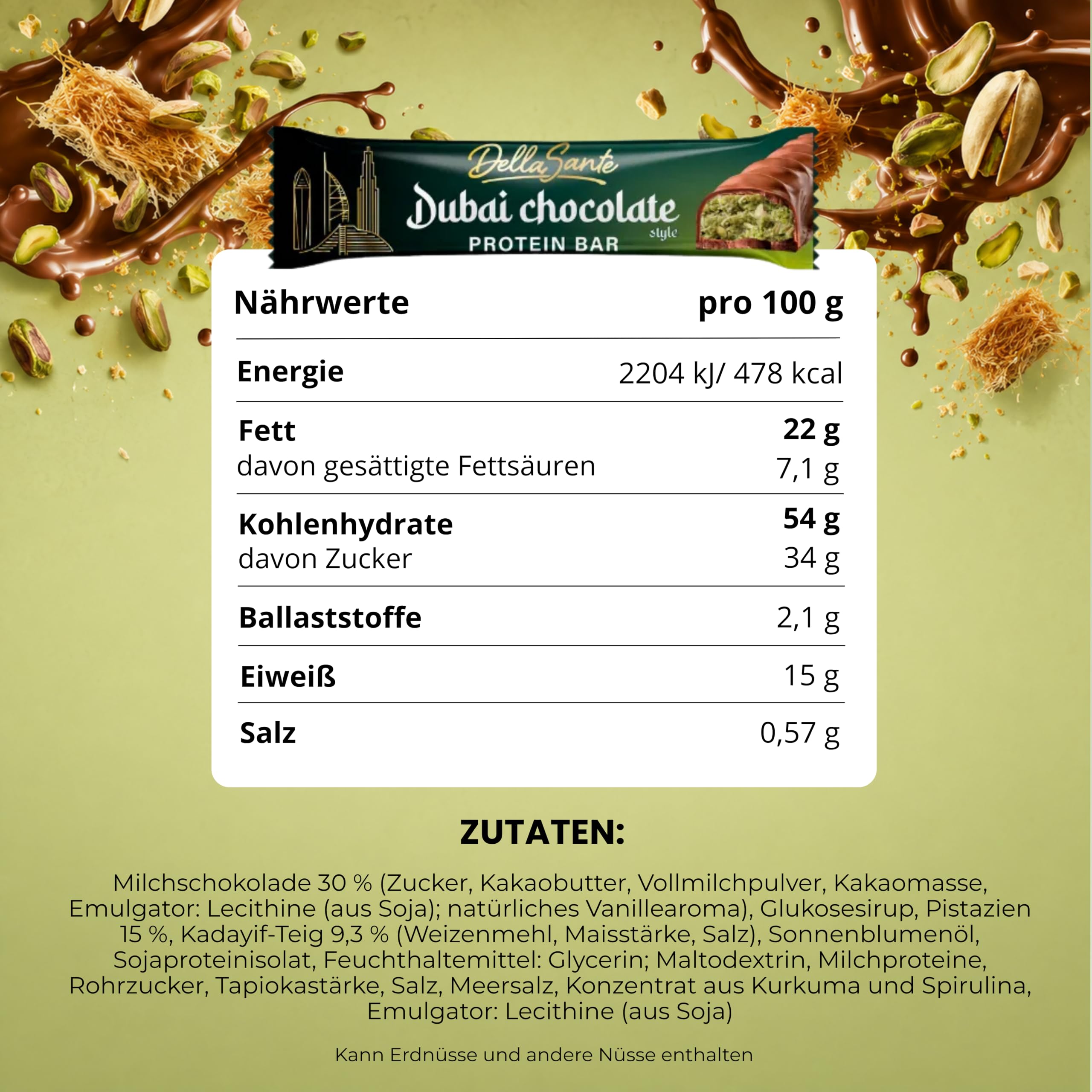 DellaSante – Baton proteinowy Pistacjowy w czekoladzie mlecznej, 24x45g, batony białkowe dla sportu i fitnessu, bez oleju palmowego, baton proteinowy Kadayif-Crunch