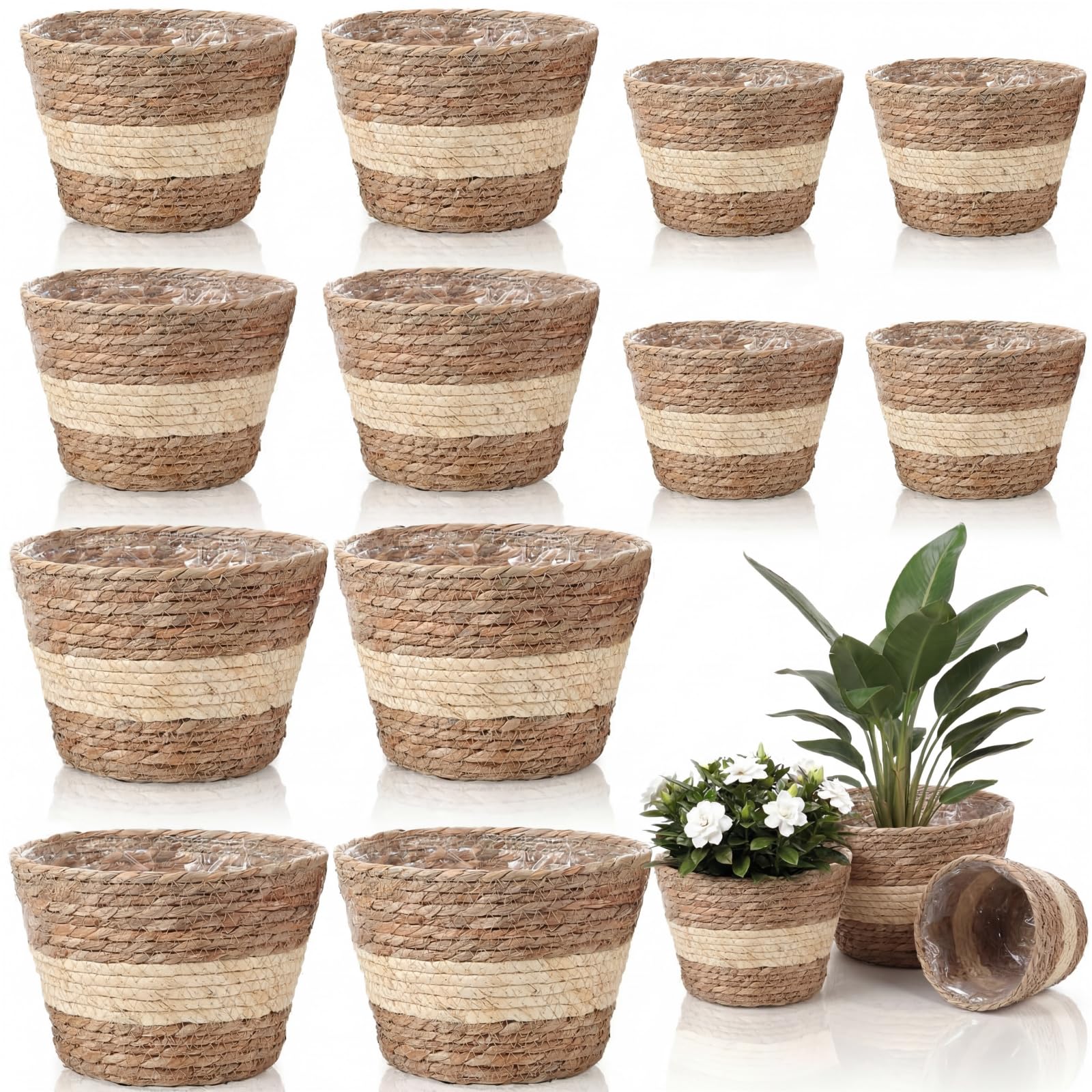 Photo 1 of AceOrbit 12 Pcs Wicker Plant Basket Bulk with Liners Woven Planter Baskets Bulk for Indoor Outdoor Seagrass Plants Woven Wicker Baskets for Flower Pots Cover and Room Decor (Mixed Size,Bohemian)