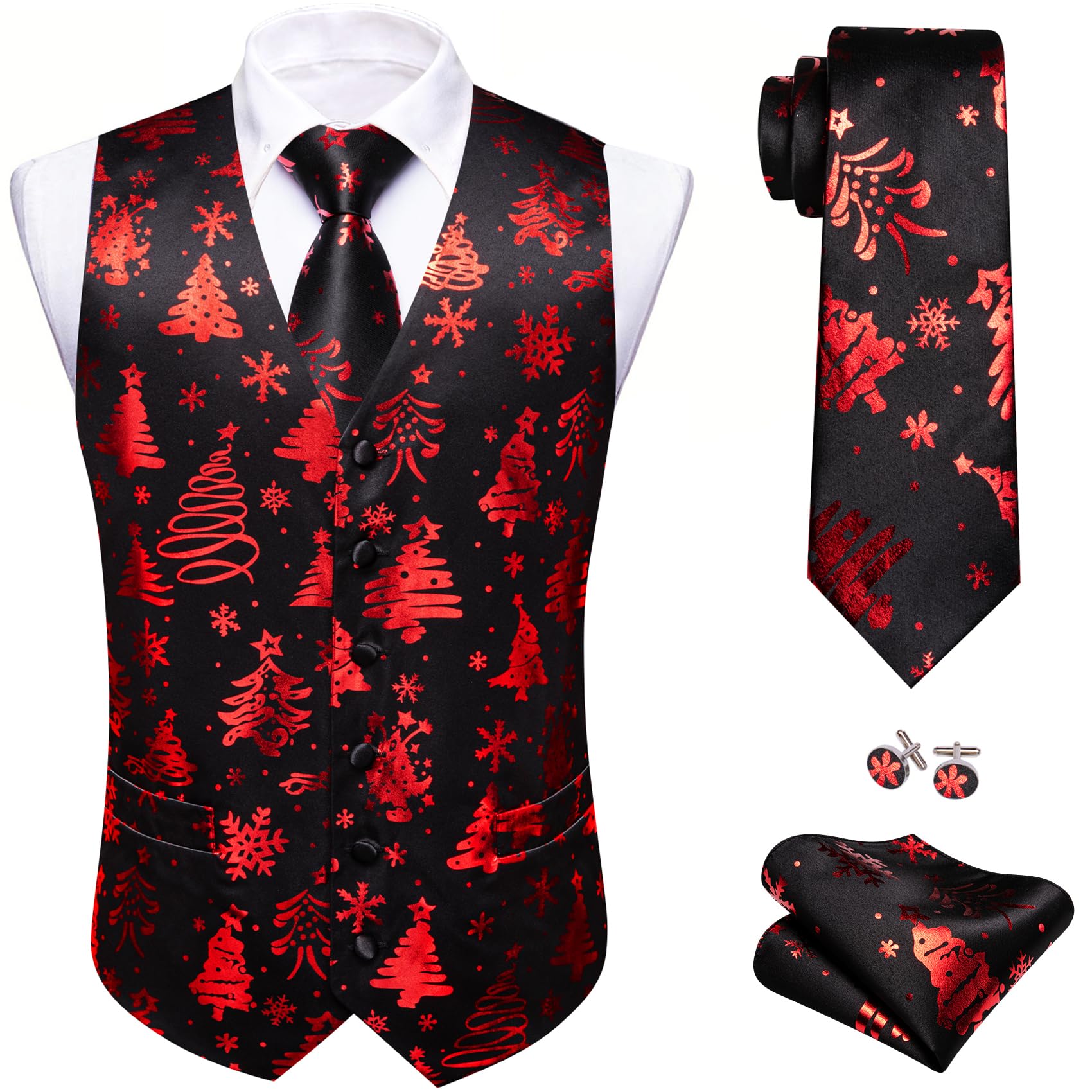 Barry.Wang Mens Red/Green Christmas Suit Vest Holiday Xmas Waistcoat Tie Set Party Tuxedo