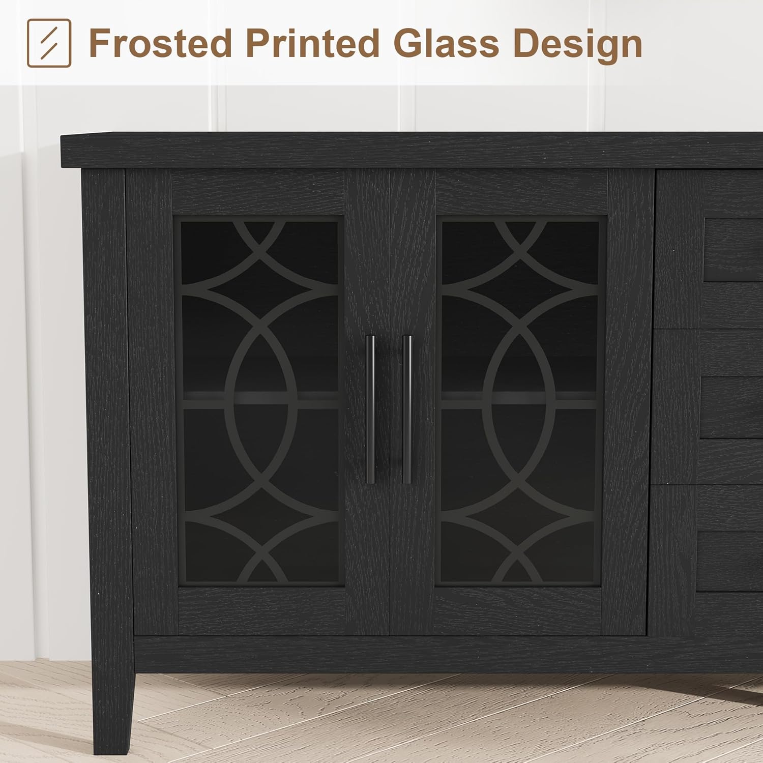 GarveeHome Farmhouse TV Stand with Glass Door for 70 Inch Tv, Mid Century Modern Entertainment Center for Living Room, Rustic Television Stands 2 Storage Door & 3 Drawer for Bedroom (Farmhouse Black)
