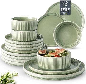 GBhome Steingut Geschirrset 4 Personen 12-tlg Reaktive Glasur Handarbeit Steingut Geschirr Set Mikrowellen- & Sp lmaschinenfest Sch ssel- und Teller SetRuhiges Gr nGDW159LG-EU