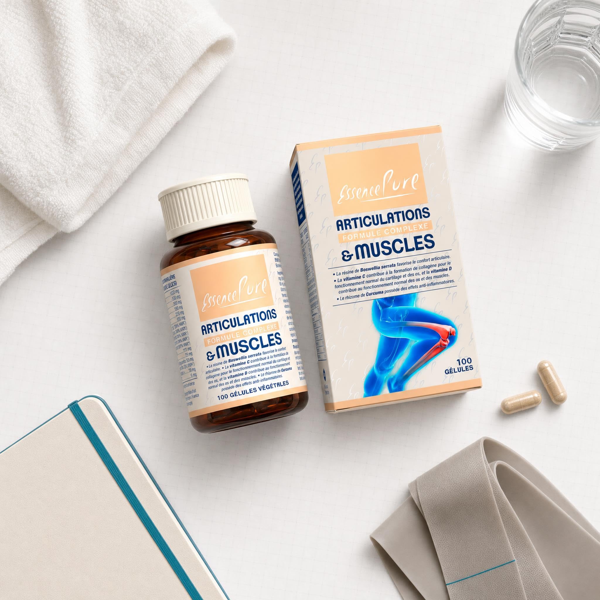 Glucosamine Chondroïtine MSM + Collagène marin + Boswellia 30% AKBA | Acide hyaluronique, Curcuma, Bioperine®, Vitamines C & D | Articulations & Muscles | 100 gélules | Essence Pure