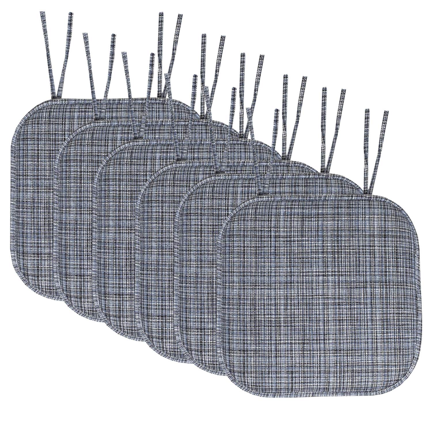 Sweet Home Collection Chair Cushion Memory Foam Pads with Ties Honeycomb Pattern Slip Non Skid Rubber Back Rounded Square 16" x 16" Seat Cover, 6 Pack