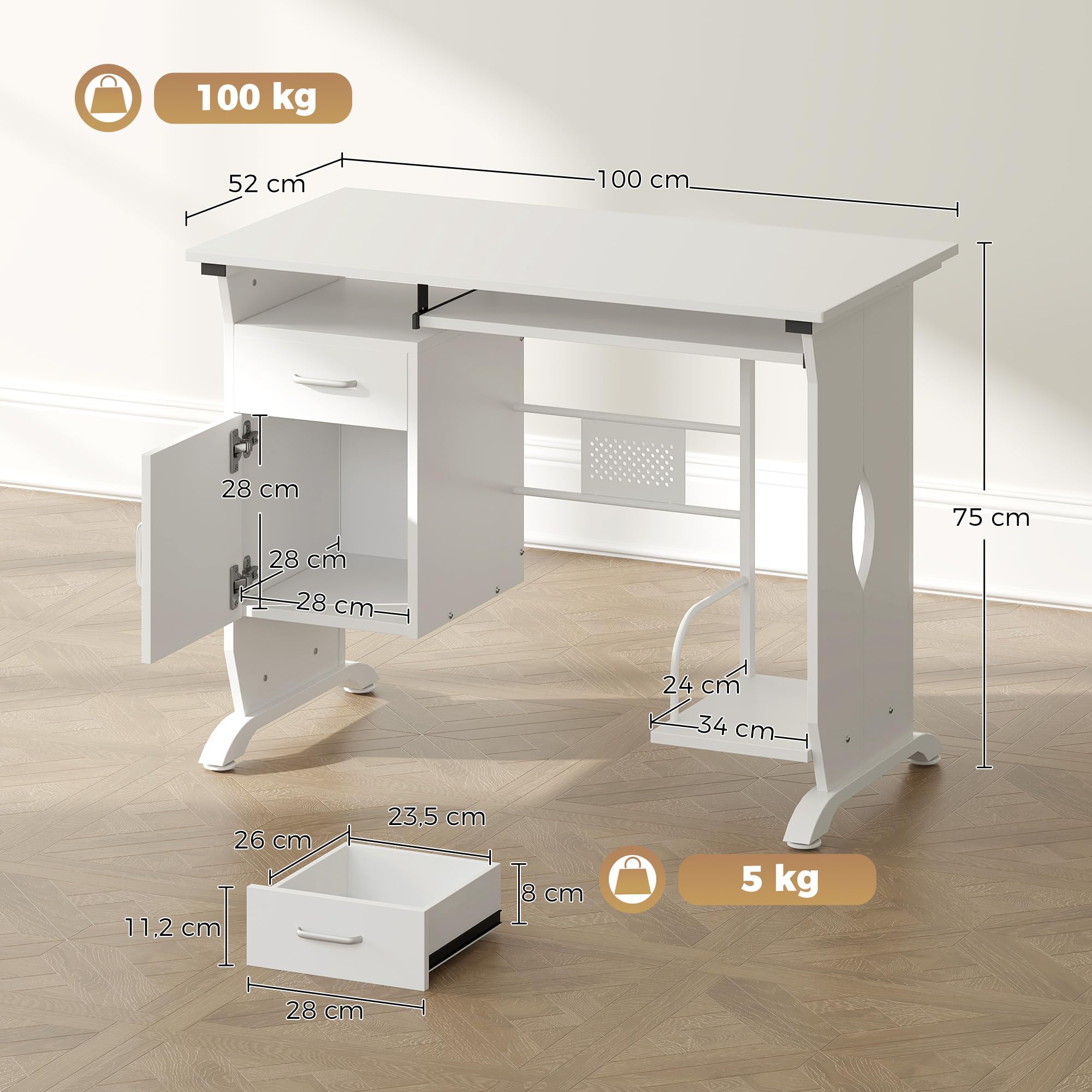 HOMCOM Bureau d'Ordinateur, Tablette Coulissante 100x52x75 cm Blanc