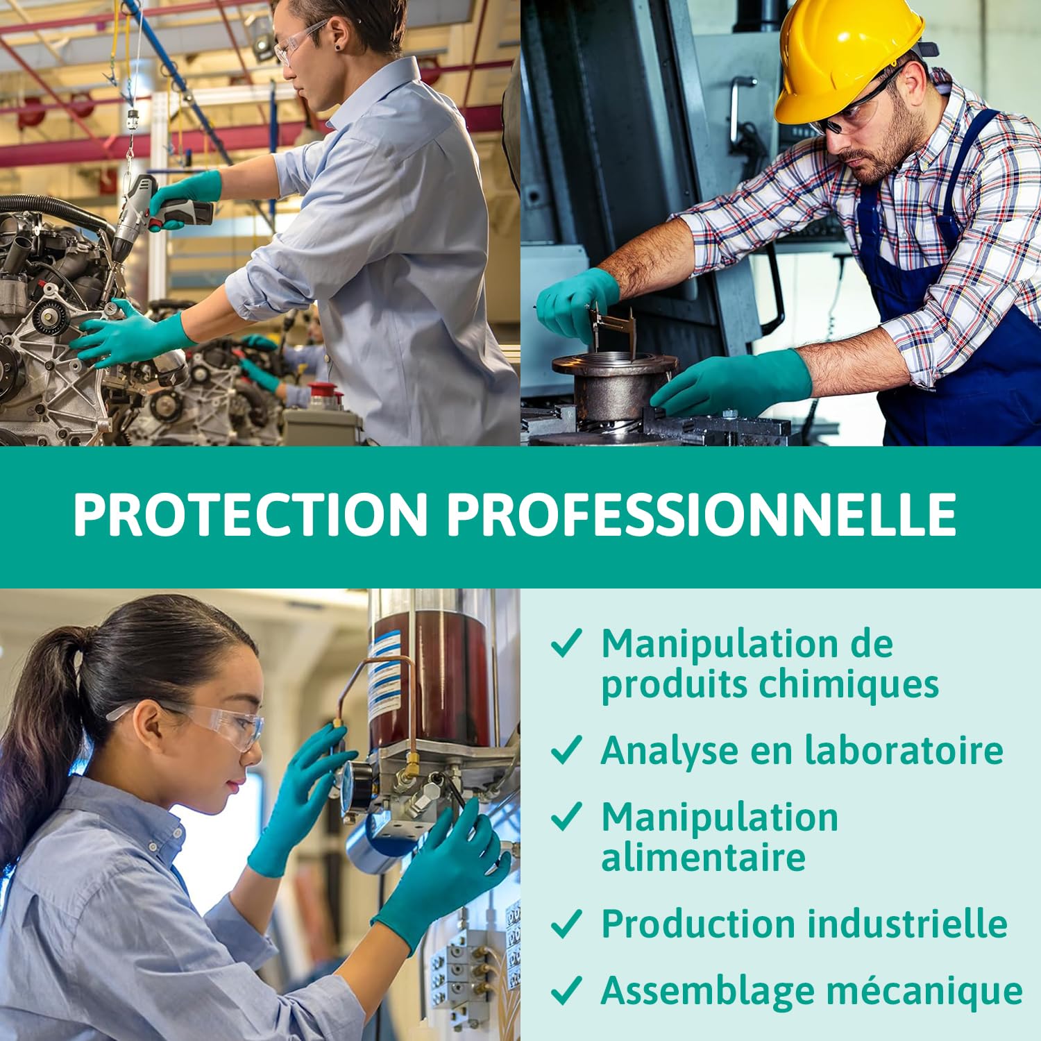 Ansell TouchNTuff 92-600, Gants jetables pour travaux lourds, Gants nitrile contact alimentaire, Gants de protection chimique et mécanique, Sans latex, Boîte de 100 gants en nitrile verts, Taille L