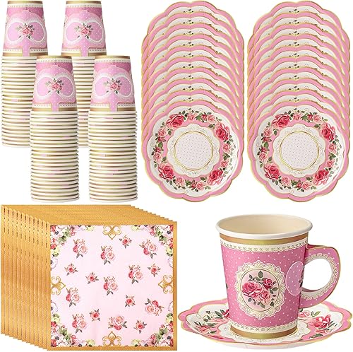 Miniatura 1 de Vesici 150 piezas de decoraciones de fiesta de té, suministros de fiesta de té floral rosa, platos y servilletas de fiesta de té, tazas de té y
