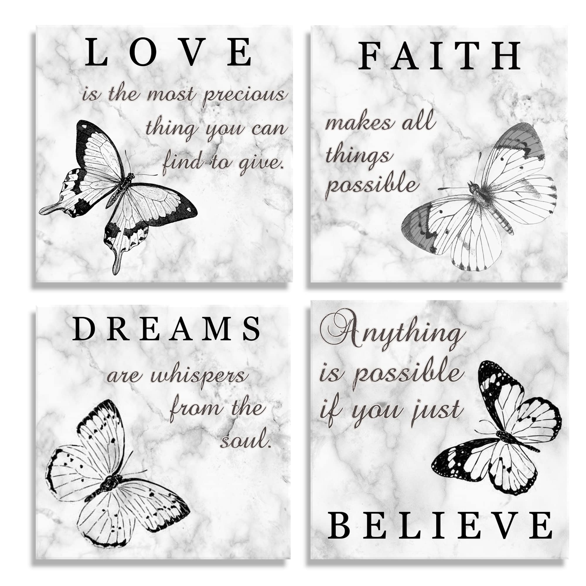 HELOR VICOR Black White Canvas Wall Art Butterfly Prints Posters Love Faith Dreams Believe Wall Decor Bathroom Living room Bedroom