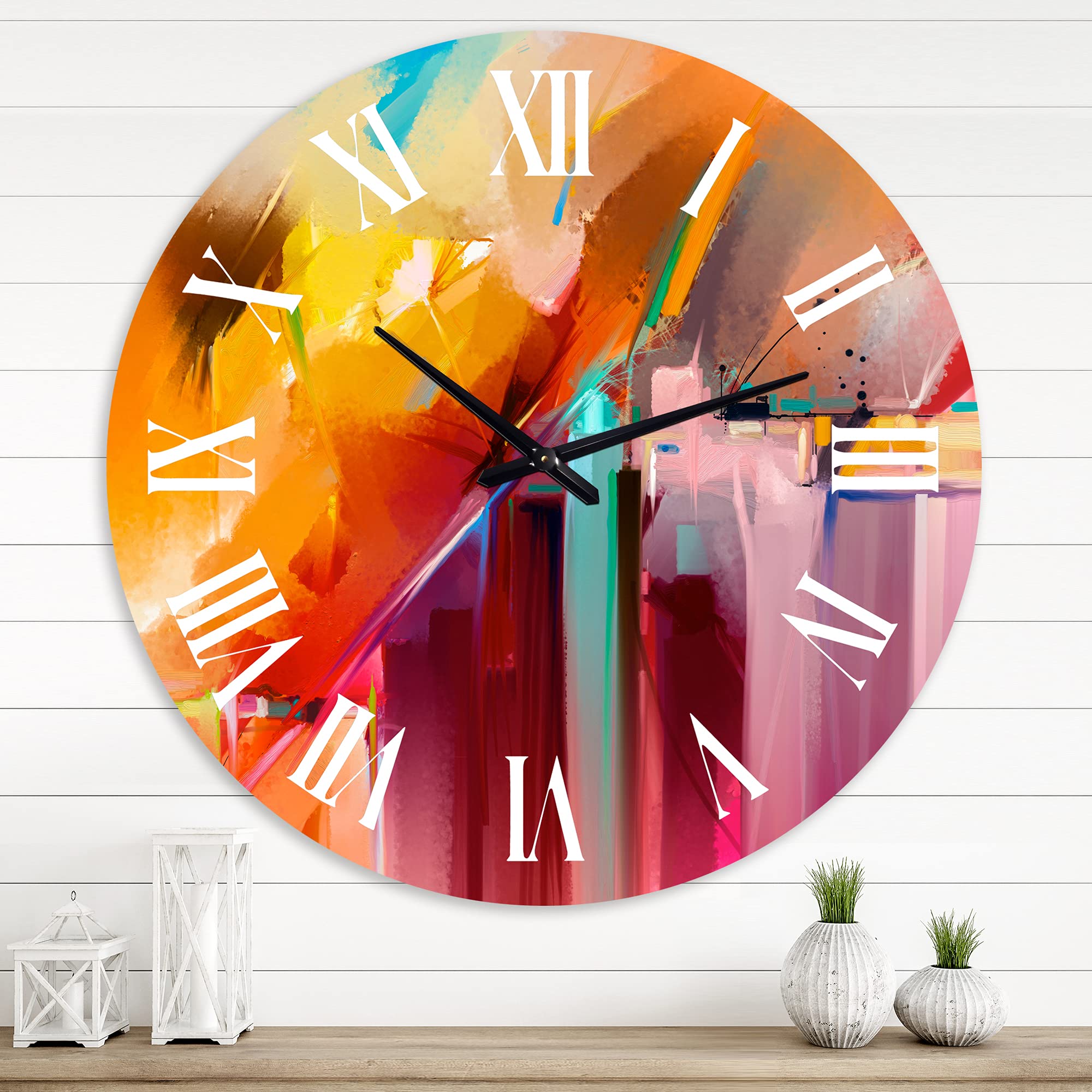 DesignQ Modern Wall Clock 'Abstract Acrylic Composition in Orange and Red' Large Wall Clock for Living Room Decor