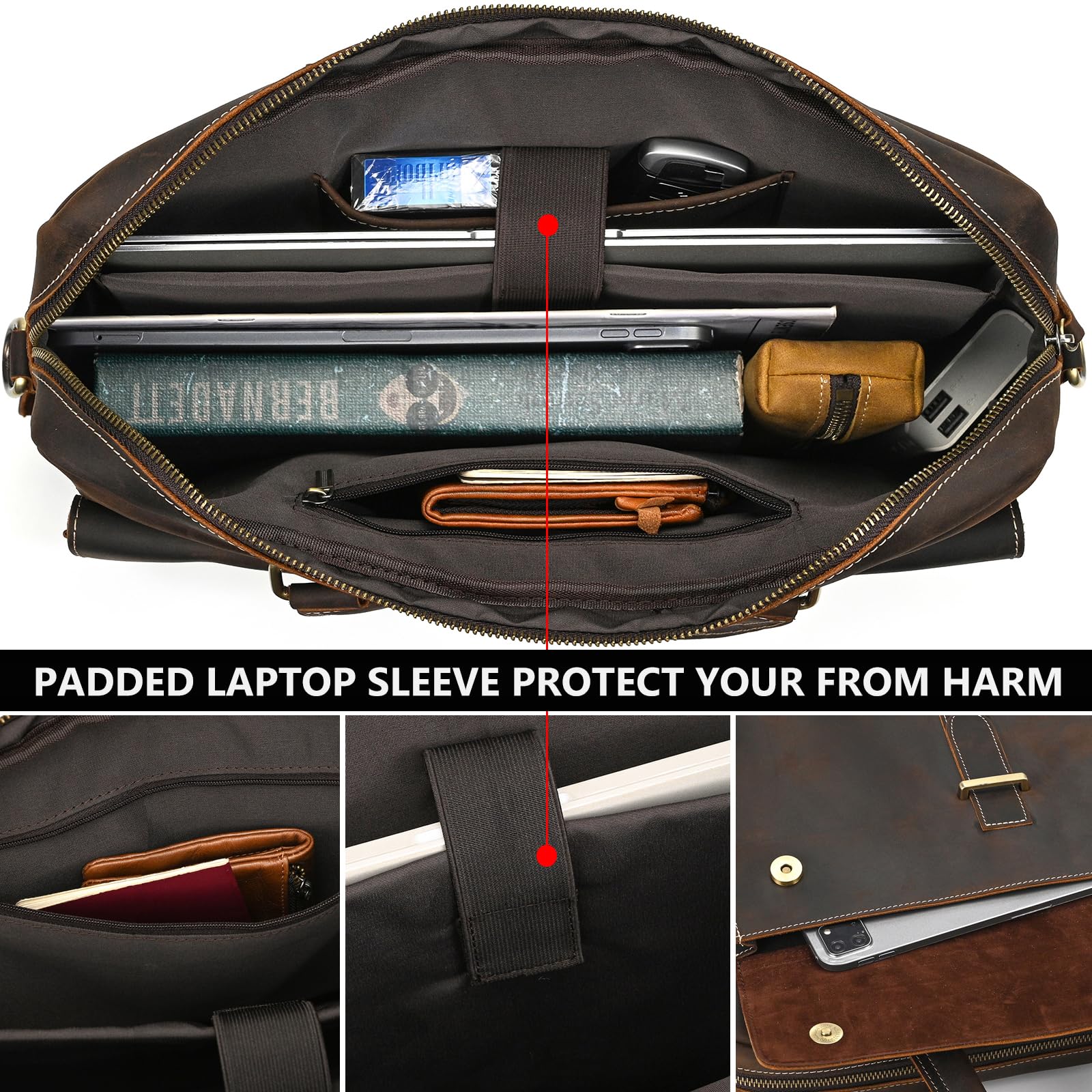 Męska duża torba na laptopa z odpinanym paskiem na ramię z prawdziwej skóry – torba biznesowa na laptopa o przekątnej ekranu 15,4", aktówka z dodatkowym etui na laptopa, 9217 ciemnobrązowa