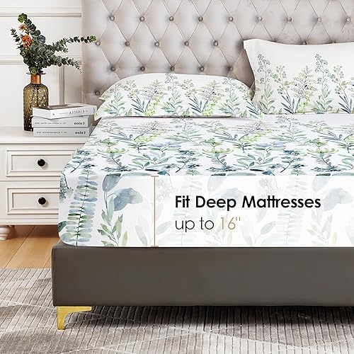 Miniatura 2 de YIYEA Juego de ropa de cama individual de microfibra cepillada, 1800 hilos, estampado de plantas, bolsillo profundo, ultra suave, 1 sábana bajera y