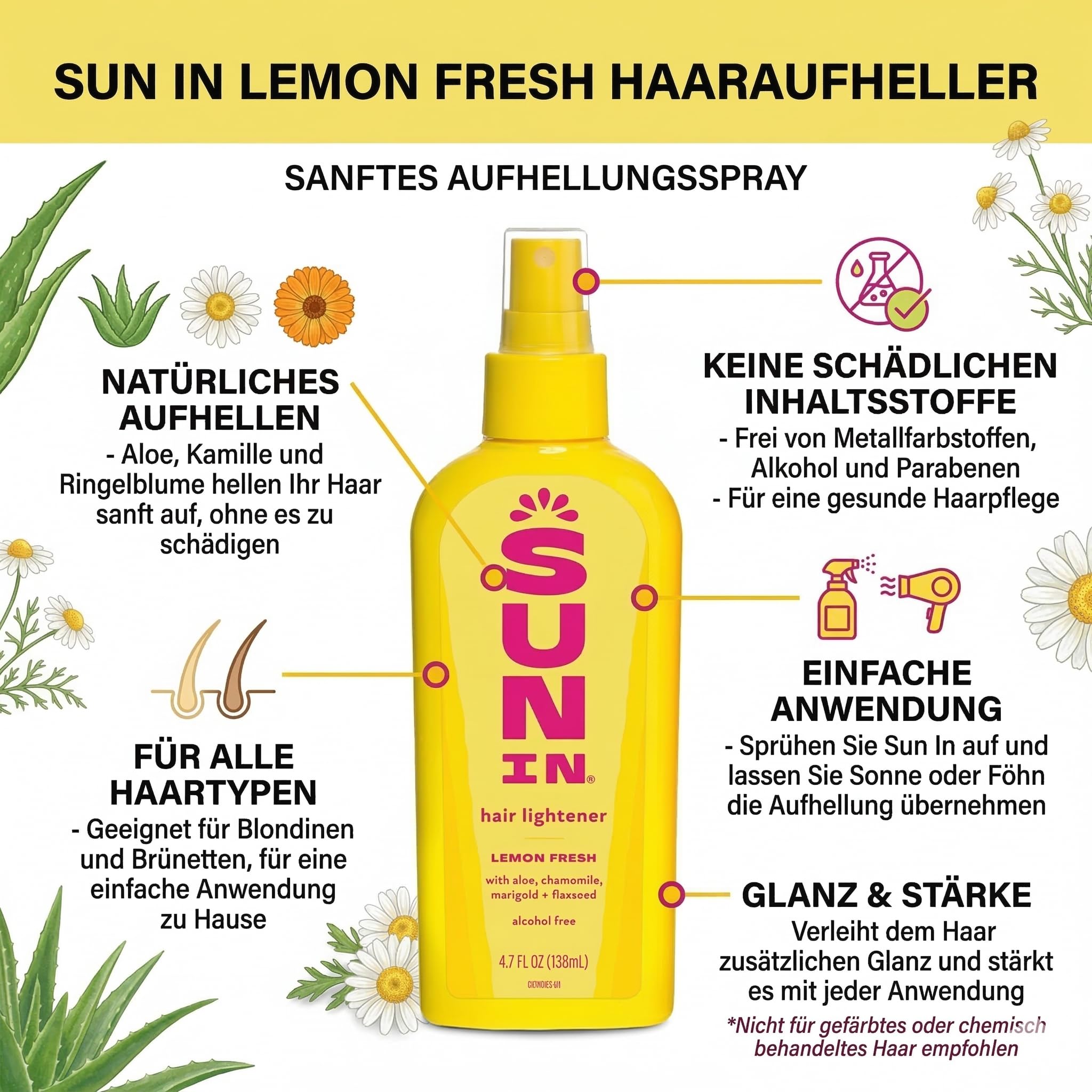 Sun In Lemon Fresh Aclarador de Pelo con Camomila y Extractos Naturales, Sin Parabenos, Ideal para Rubias y Castañas, Aclara Suavemente y Da Brillo Natural. Paquete de 1, 138 mililitros