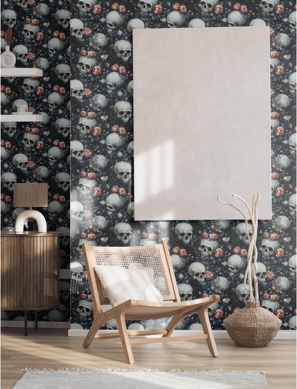 17.7x118 Inches Gothic Peel and Stick Wallpaper,Sugar Skull Floral for Bedroom Blue/White Removable Accent Wall Decorations