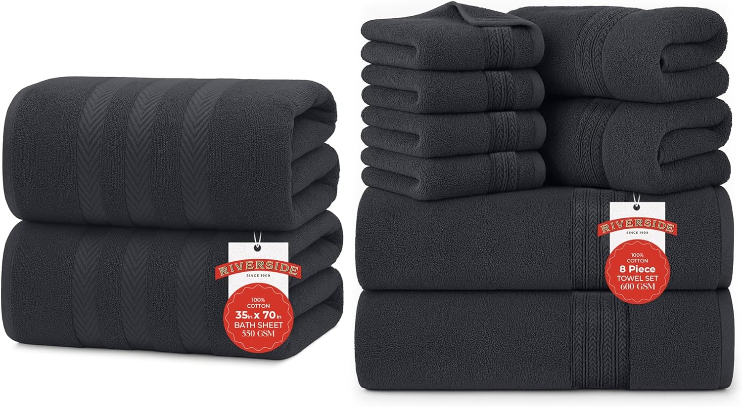RIVERSIDE 10 Pc Towel Bundle – Includes 2 Bath Sheets (35x70”) + 8 Pc Towel Set [2 Bath Towels (27x54”), 2 Hand Towels (16x28”), 4 Washcloths (12x12”)] – 100% Cotton, Soft, Absorbent & Durable