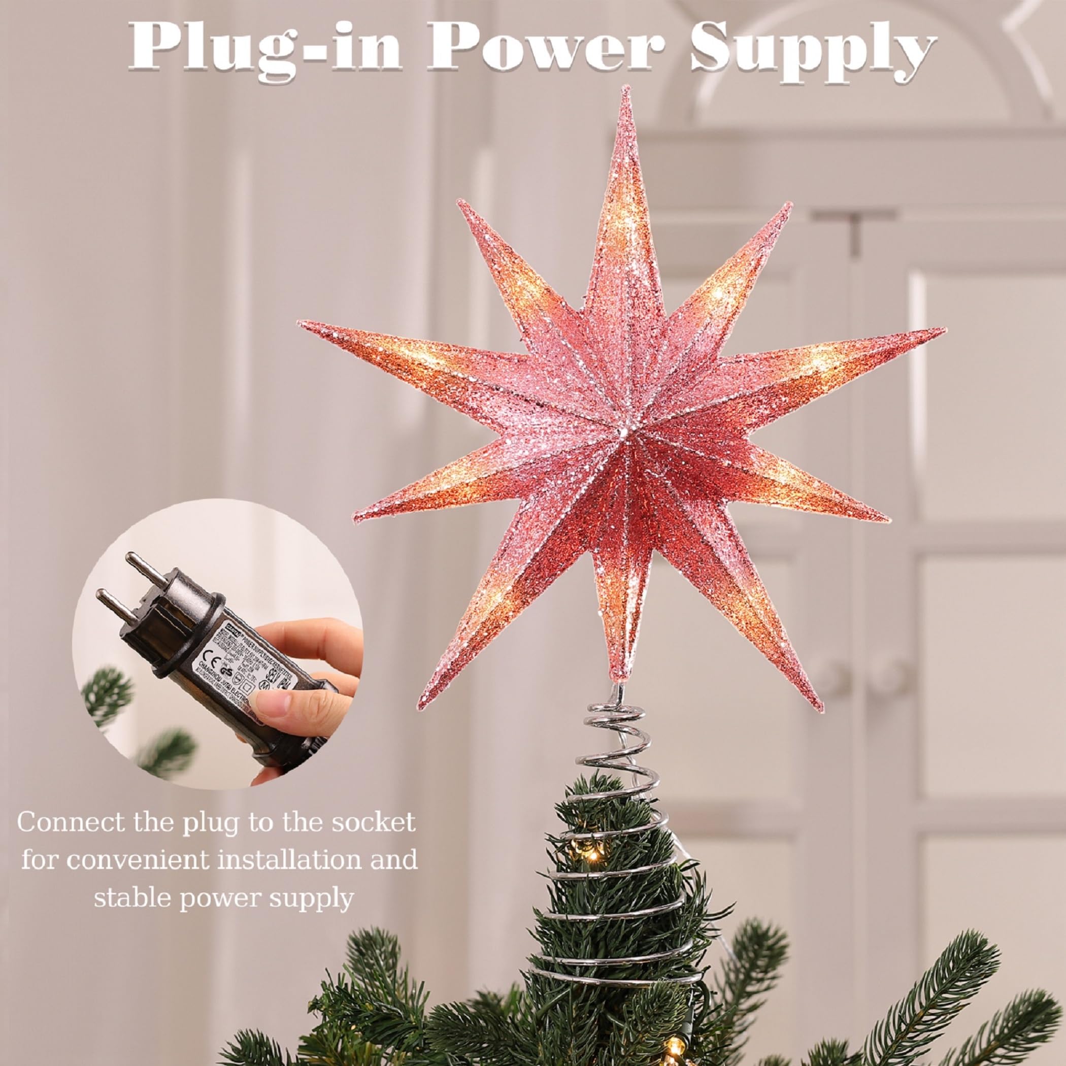 Lewondr Étoile de Cime d'arbre Noël, 13 Pouces Étoile de Noël à 10 Pointes Lumineuse avec Prise et Télécommande pour Décoration, Minuterie 6H & 8 Modes d'Éclairage, Lumière Chaude, Rose