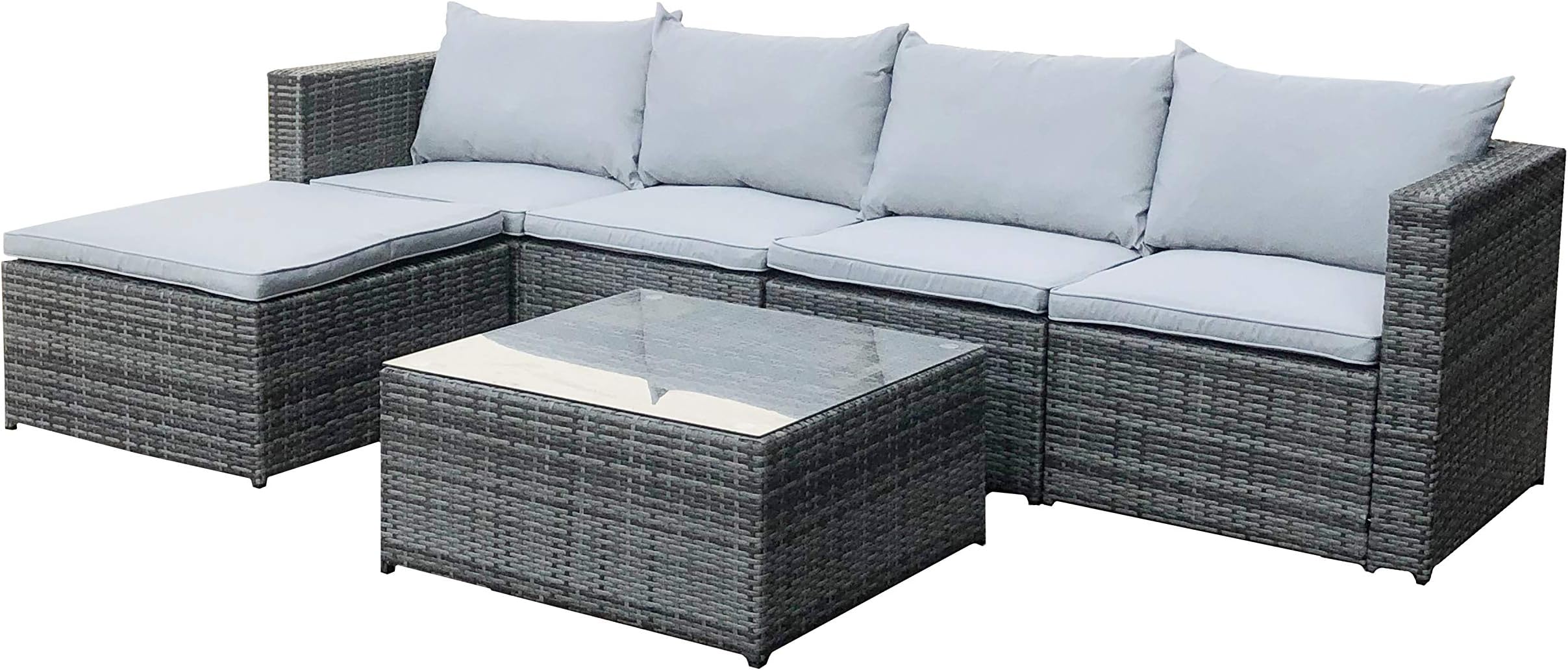 EVRE Grey Miami Rattan Garden Furniture Set, Corner Sofa, Glass Coffee Table Foot Stool and Cushions for Patios Conservatories Outdoor Seating Dining.