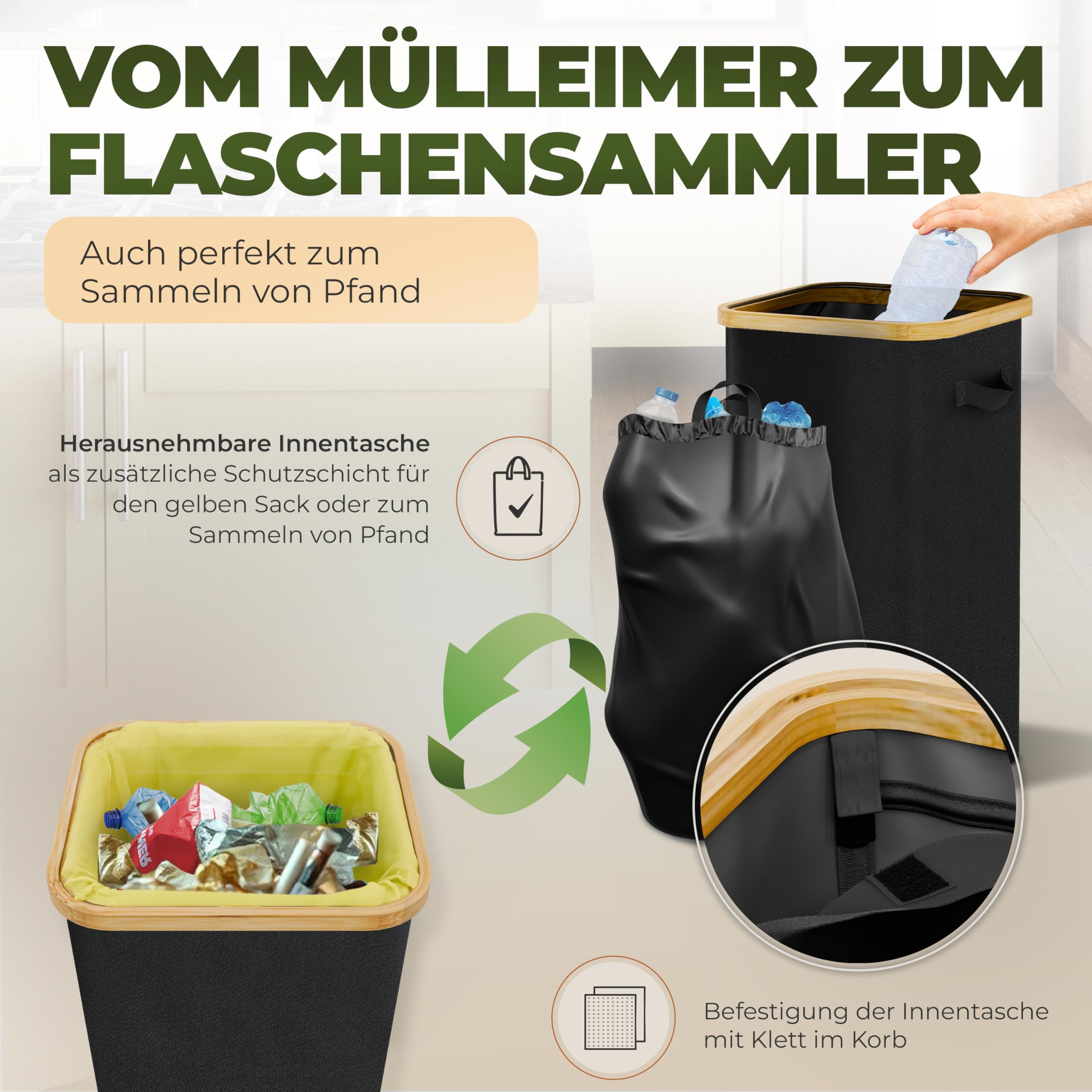 Ecojoo® Premium 60L Gelber Sack Mülleimer aus FSC®-Bambus - doppelt verstärkt, geruchsdicht, Müllsackständer, Behälter Gelbe Säcke, Mülleimer 60L, Gelber Sack Ständer, Müllsackhalter (schwarz