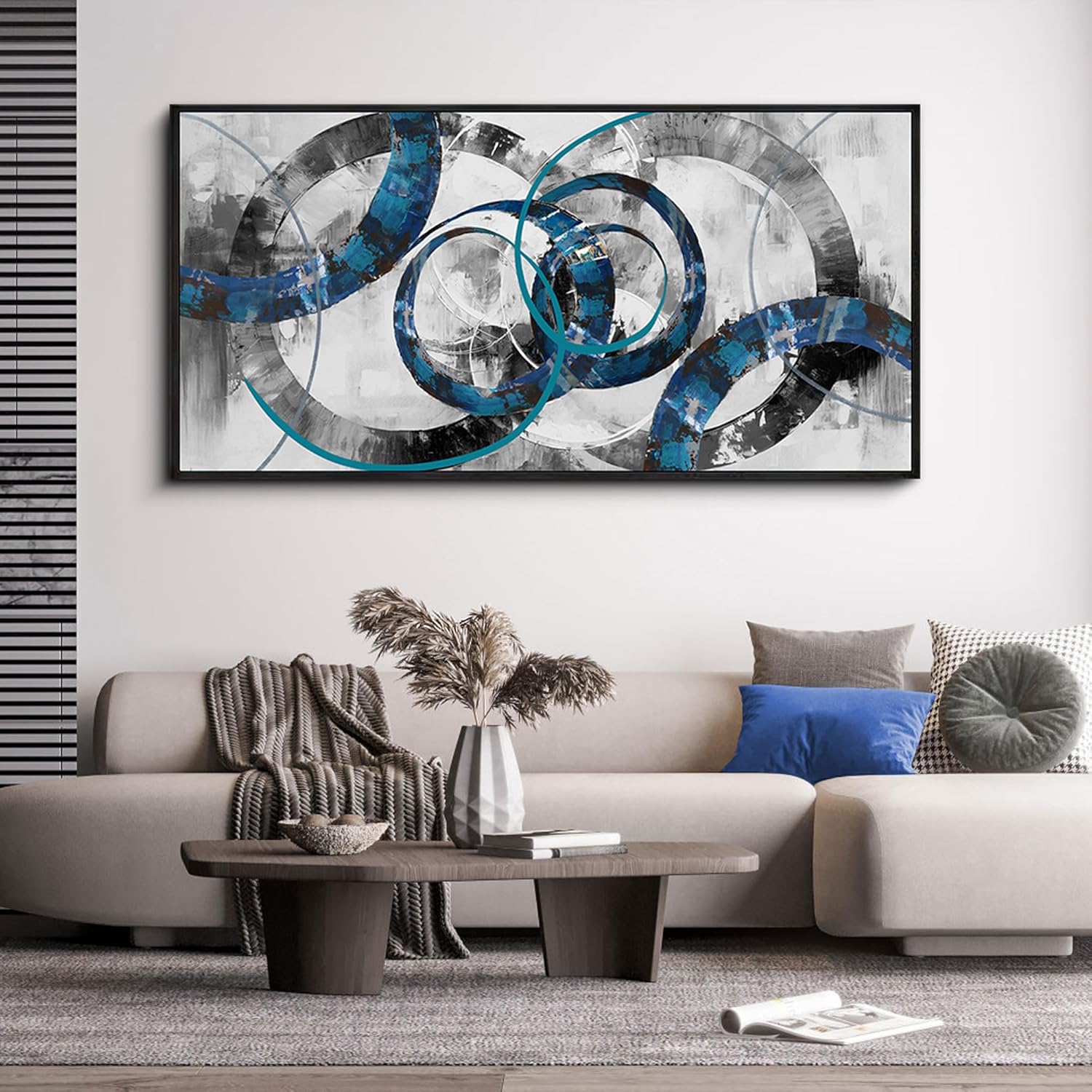 XLSJERST Large Frame Wall Art Blue Abstract Canvas - Modern Art Decor Pictures for Living Room Bedroom Office Gray and White Paintings Artwork Size 20x40 Inches 40L" x 20W" Blue and Gray+Black Frame